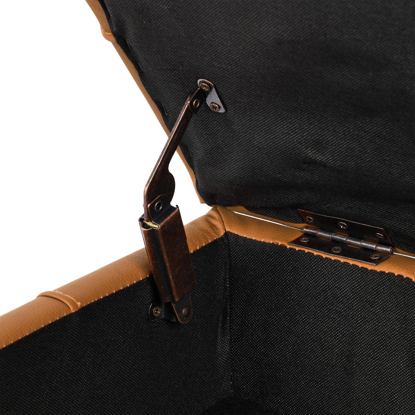 Open brown faux leather storage ottoman showcasing metal hinges and black fabric interior lining