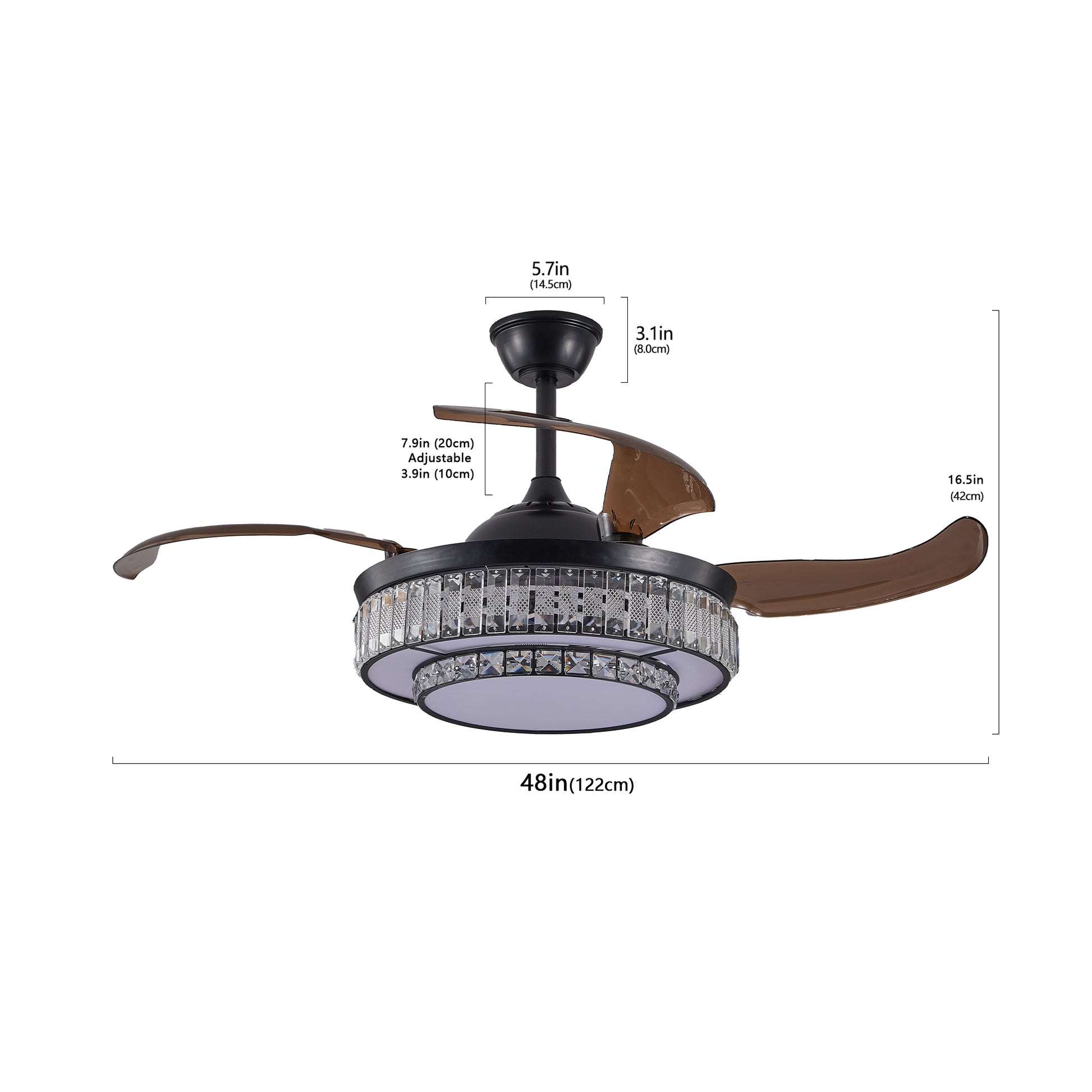 Retractable ceiling fan with crystal accents and remote control