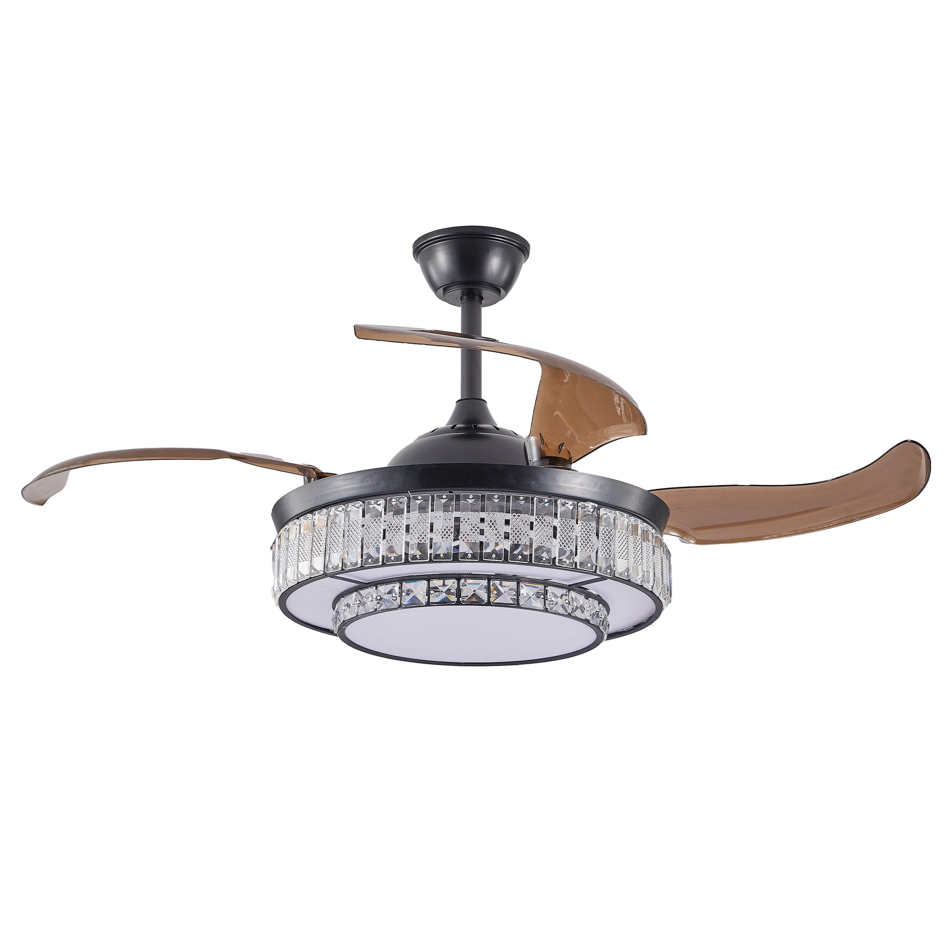 Black retractable ceiling fan with crystal trim and brown blades