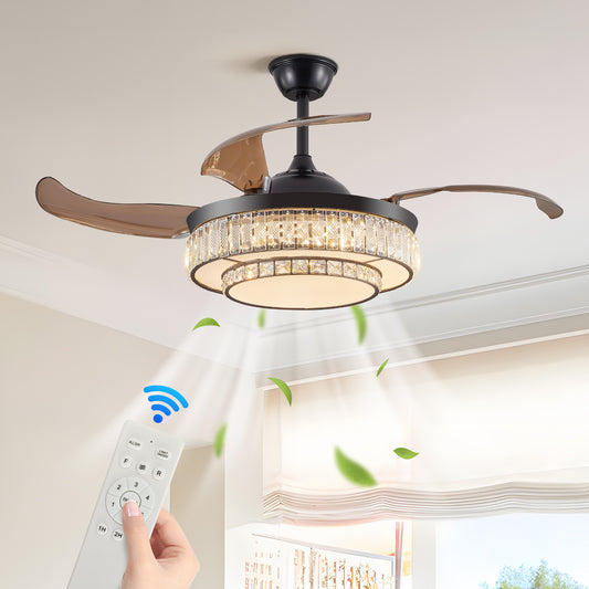 Retractable ceiling fan with crystalembellished light and remote control
