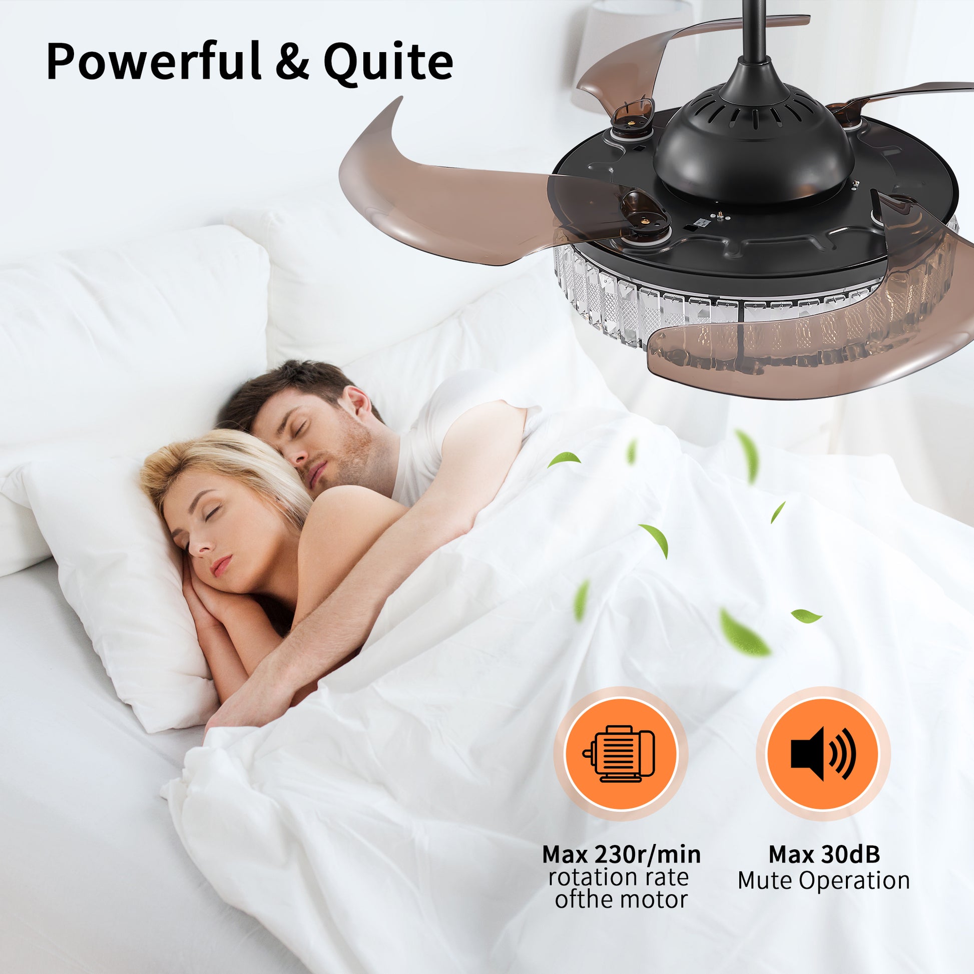 Modern black retractable ceiling fan with brown translucent blades and crystal accents