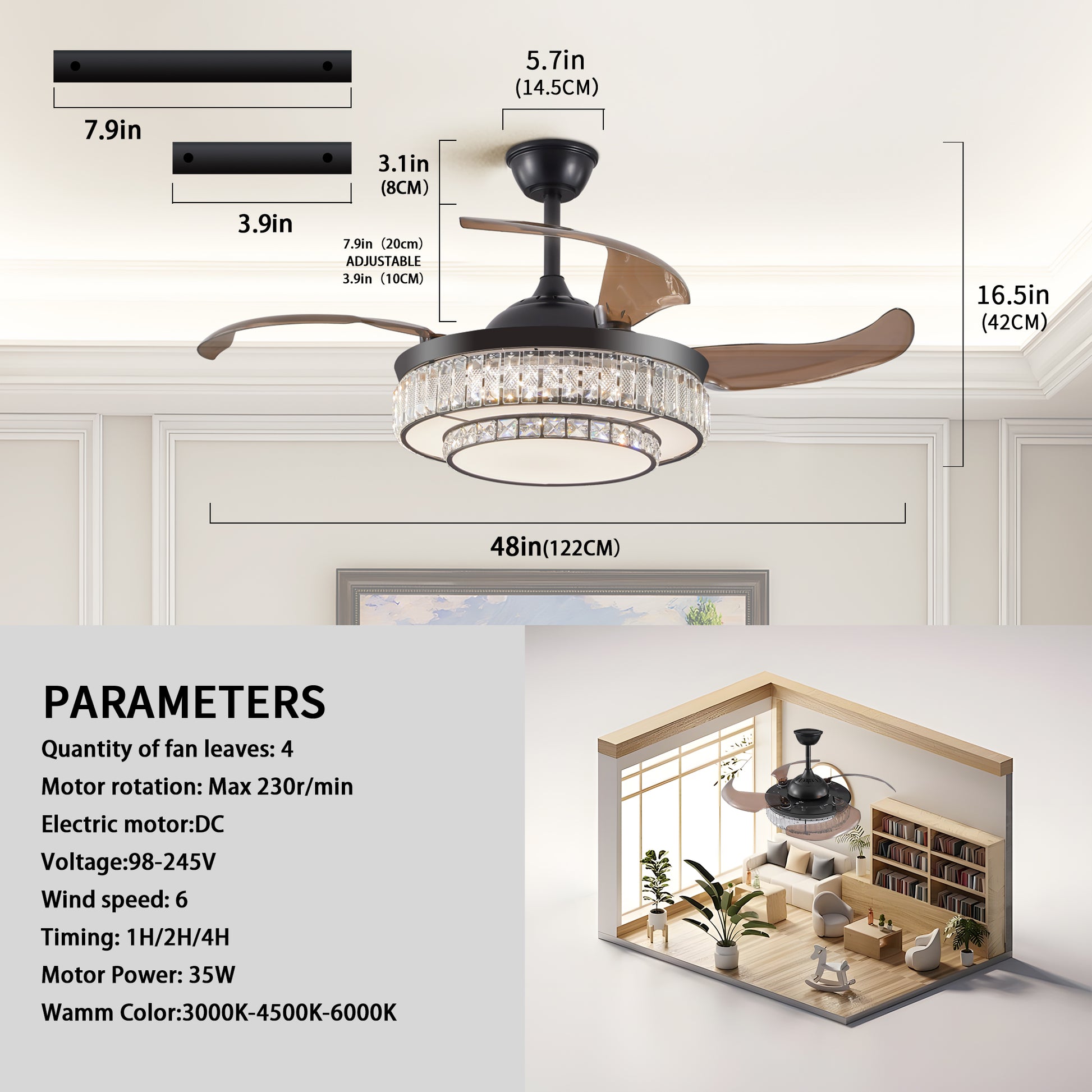 Black retractable ceiling fan with crystal accents and brown blades inch diameter