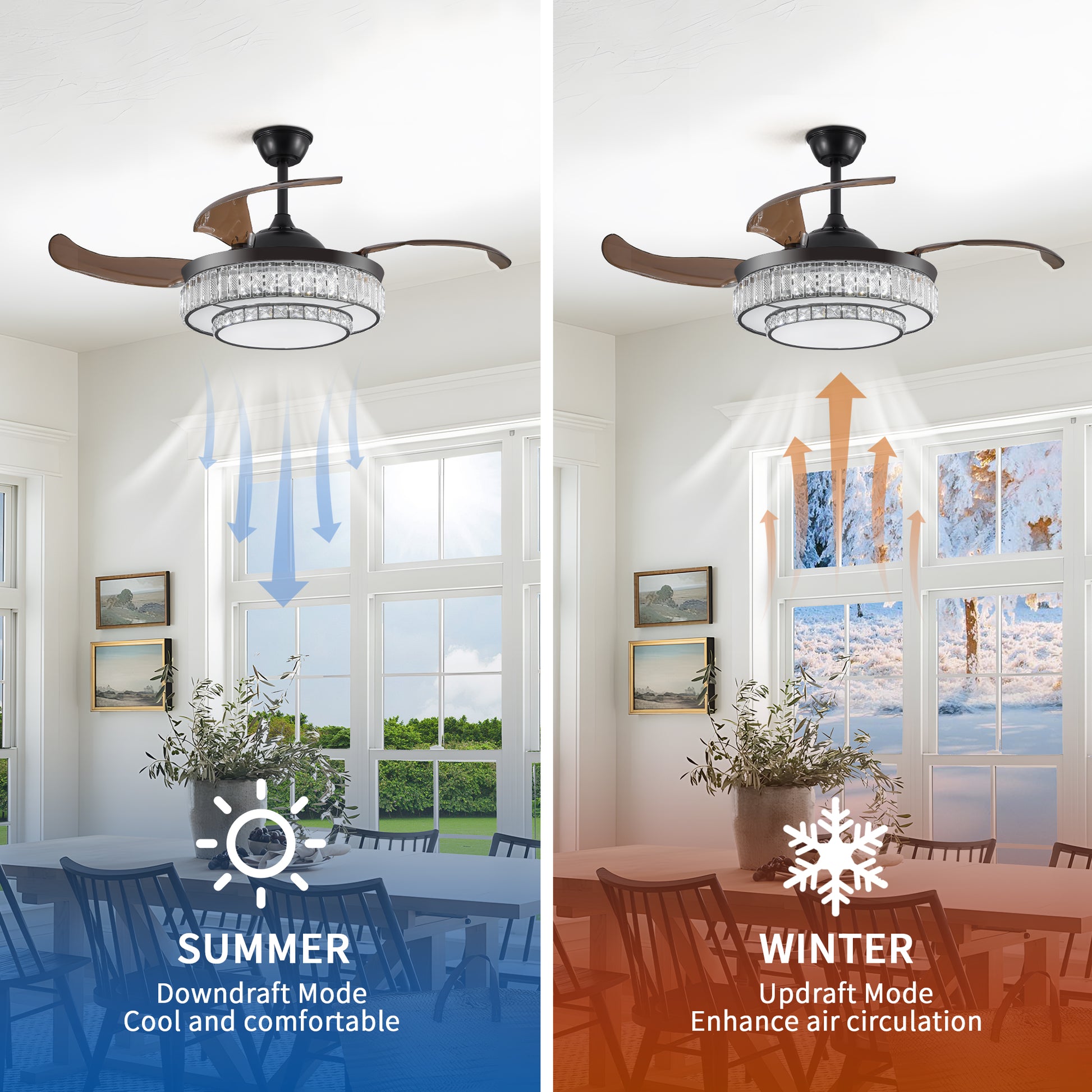 Retractable ceiling fan with brown blades crystal light and dual summerwinter airflow modes