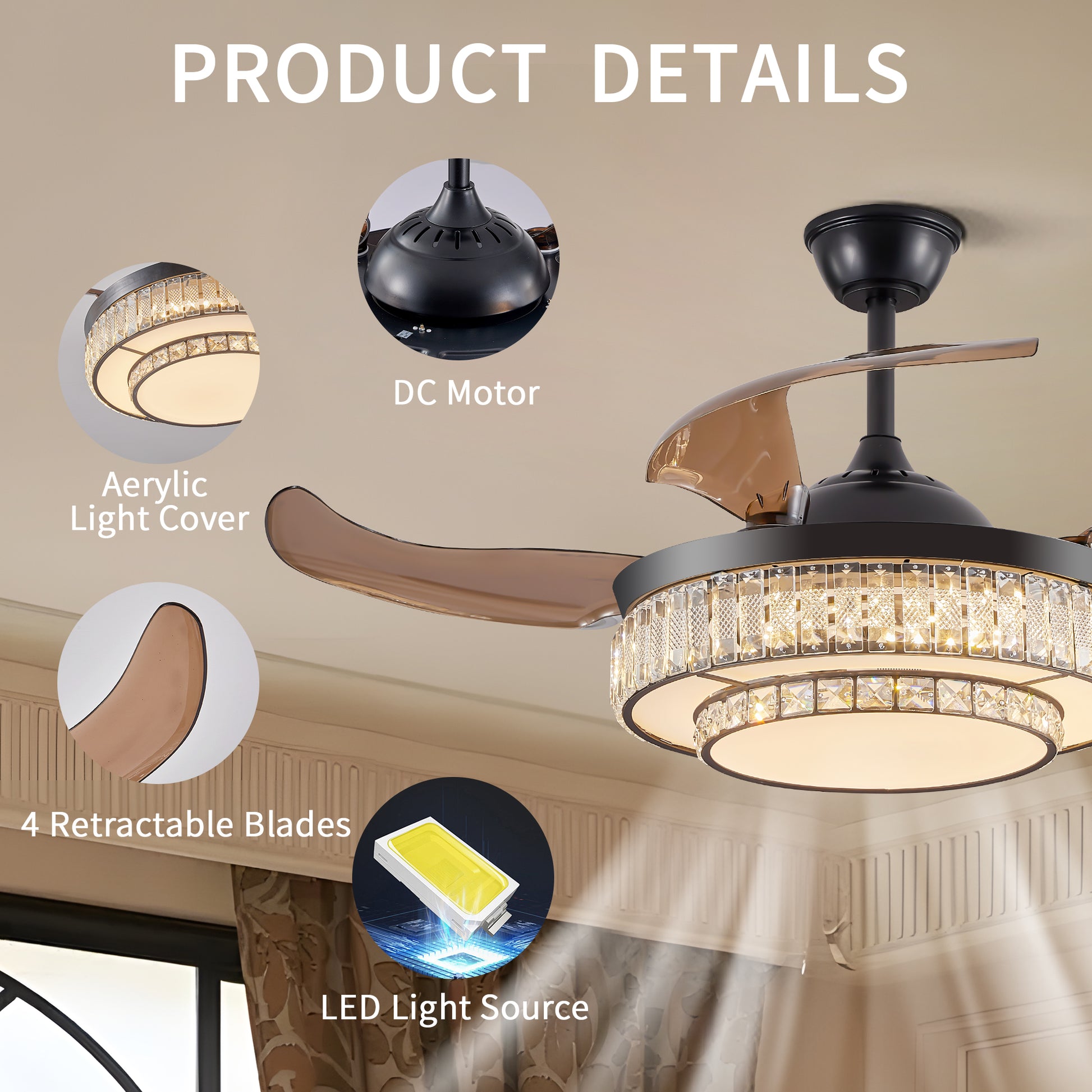 Modern crystal chandelier fan with retractable acrylic blades and LED light
