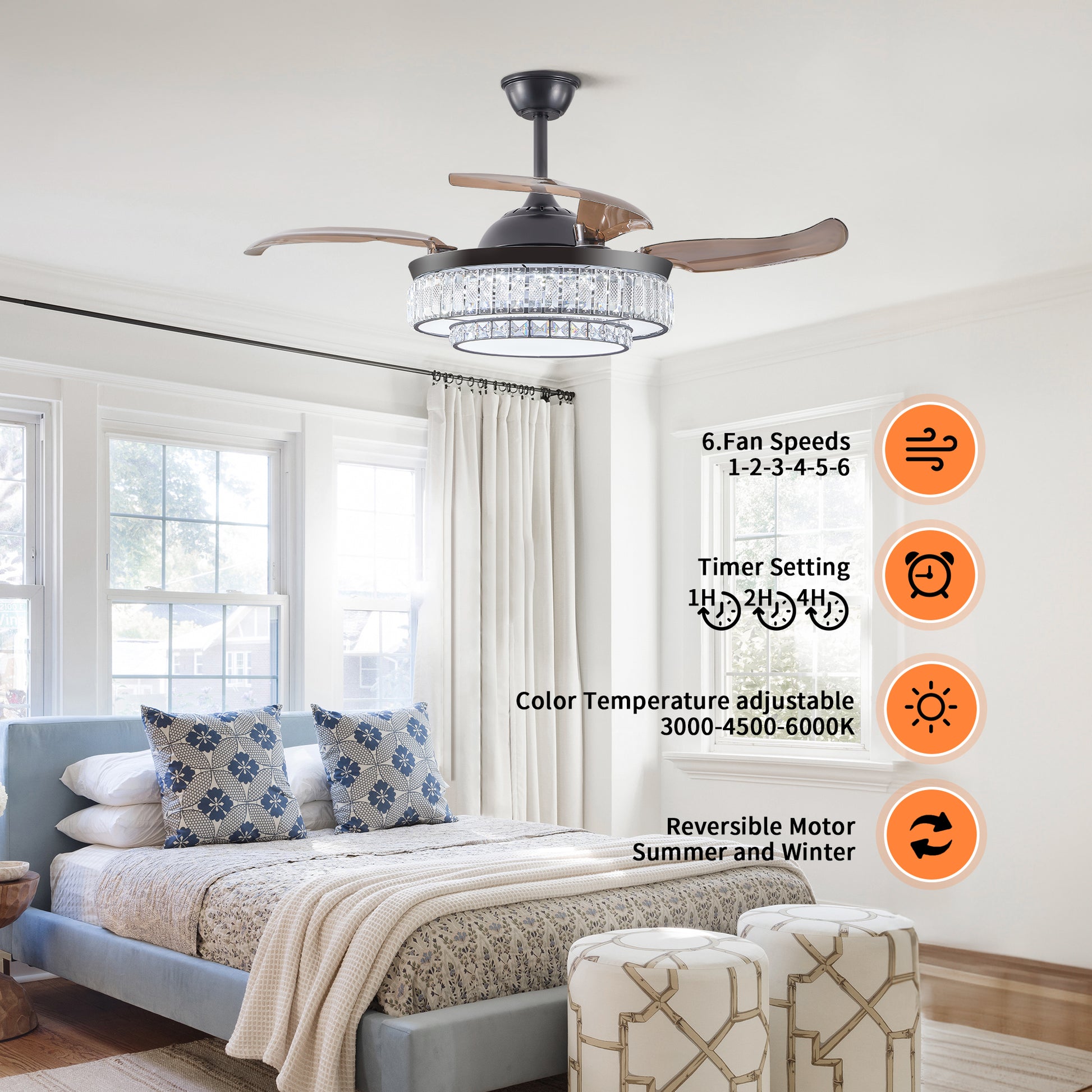 Modern black ceiling fan with crystal accents and woodgrain blades ideal for bedrooms