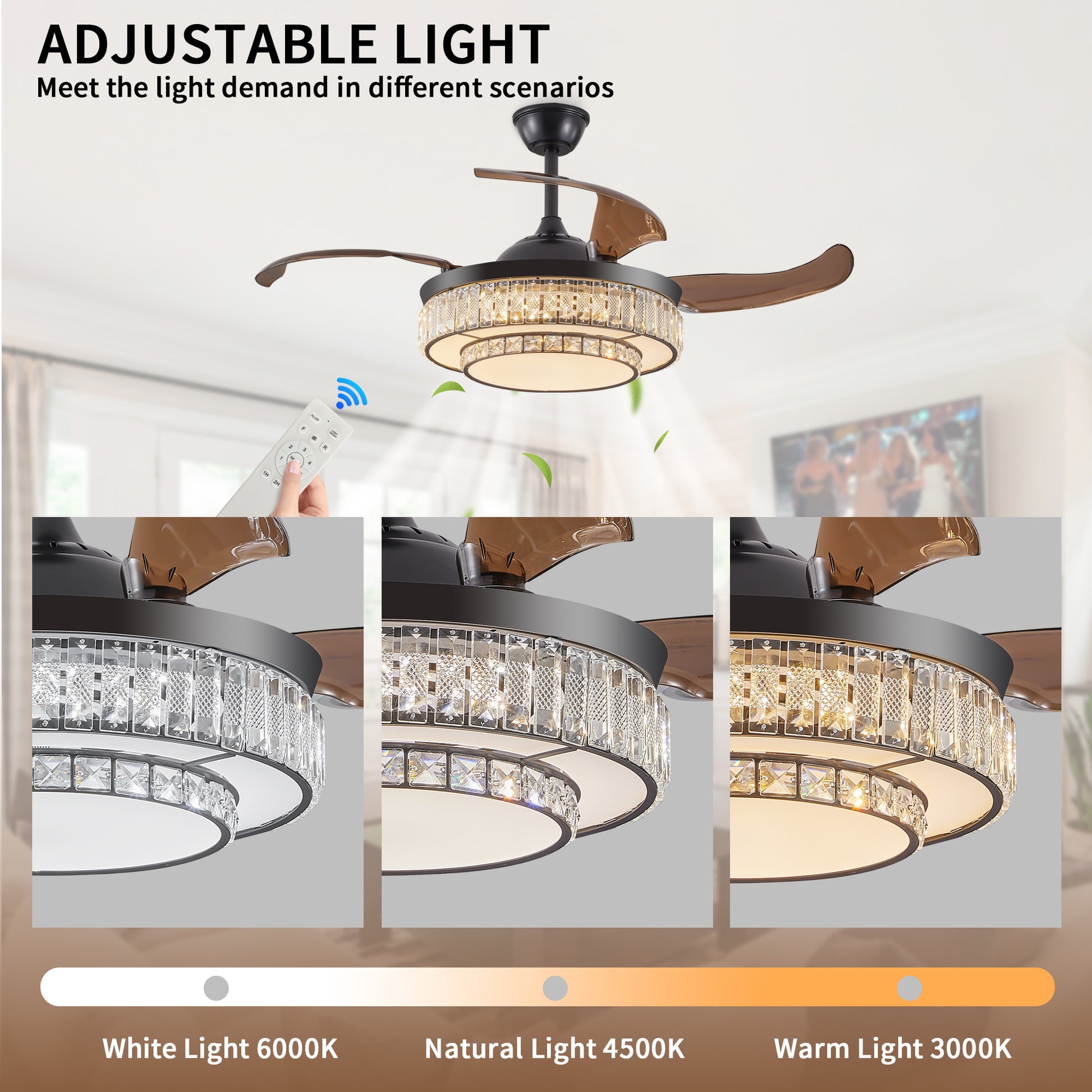 Retractable ceiling fan with crystal chandelier and dark brown blades