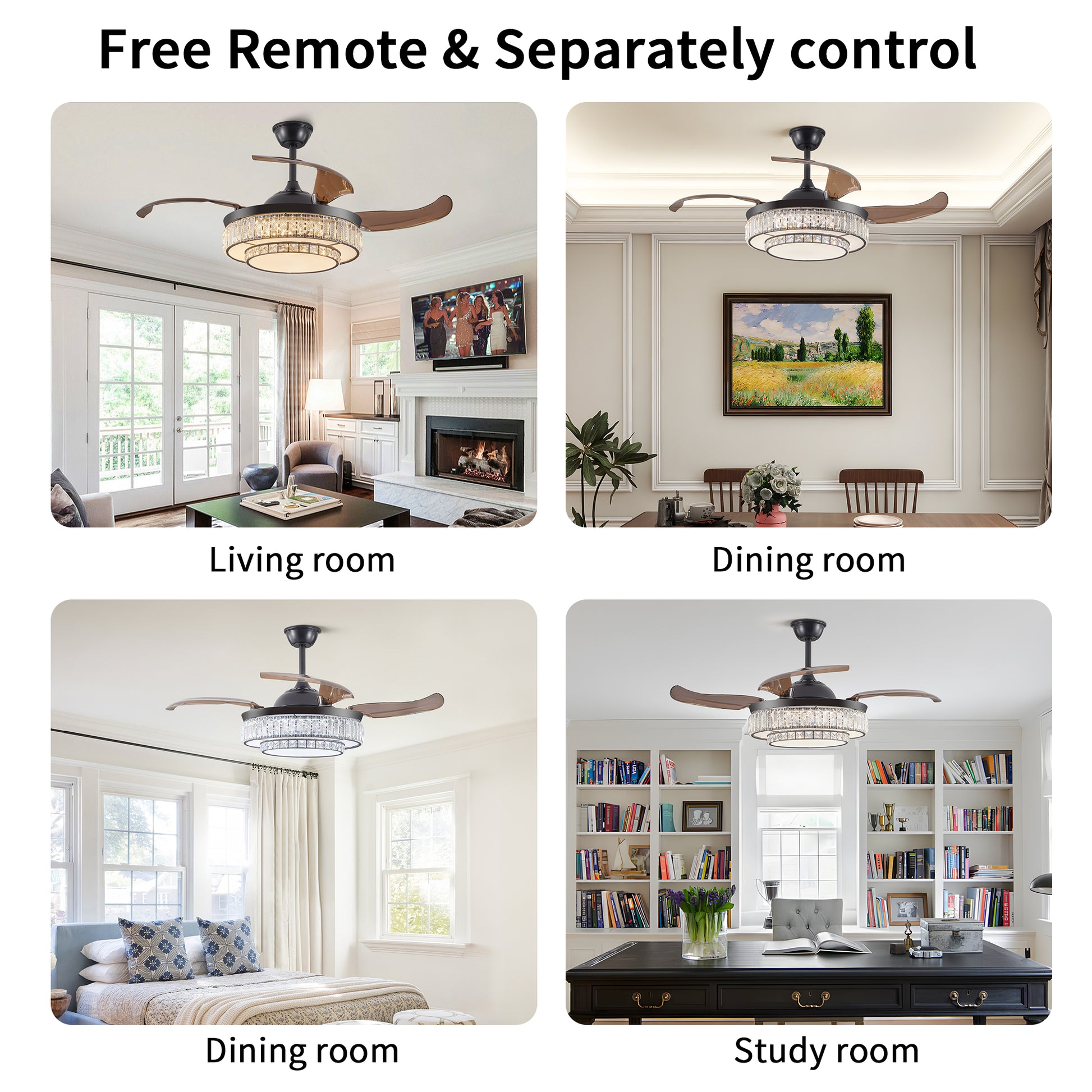 Black retractable ceiling fan with crystal chandelier lighting in a modern living room