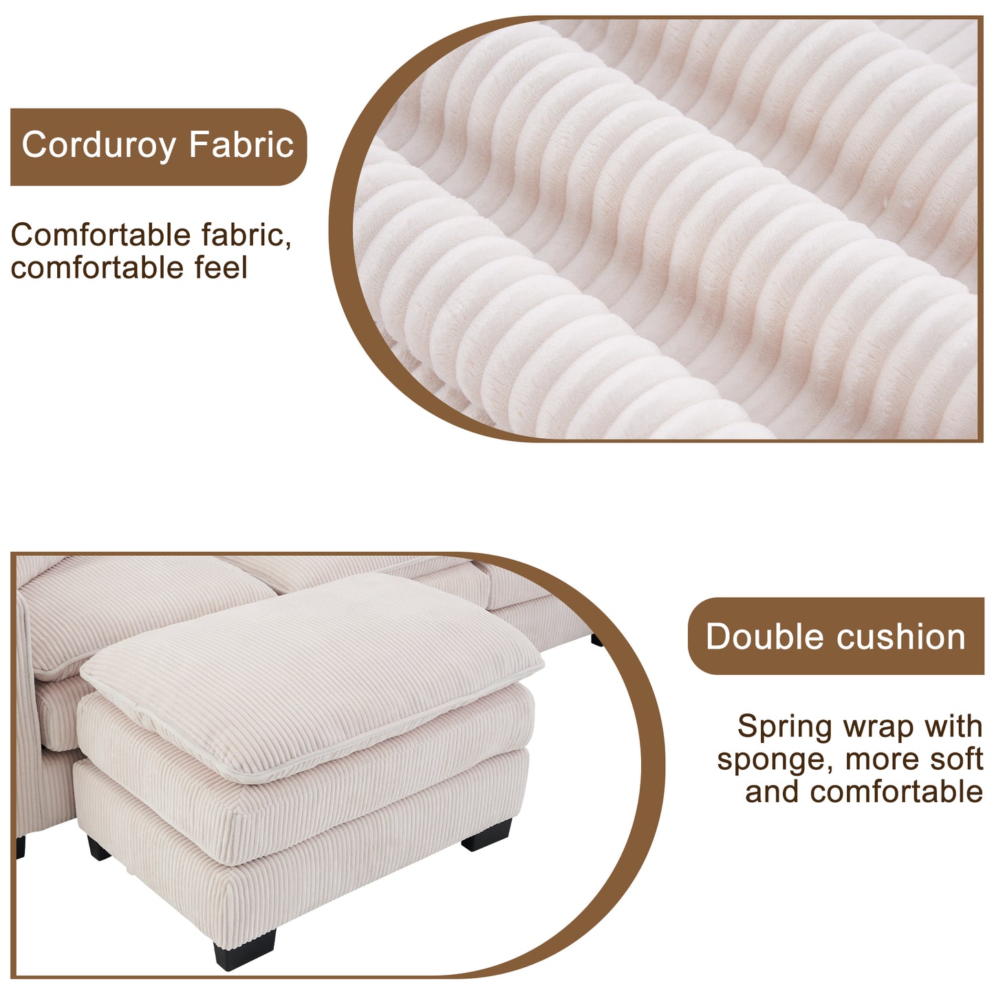 Closeup of plush beige corduroy fabric texture with raised ridges for comfortable seating