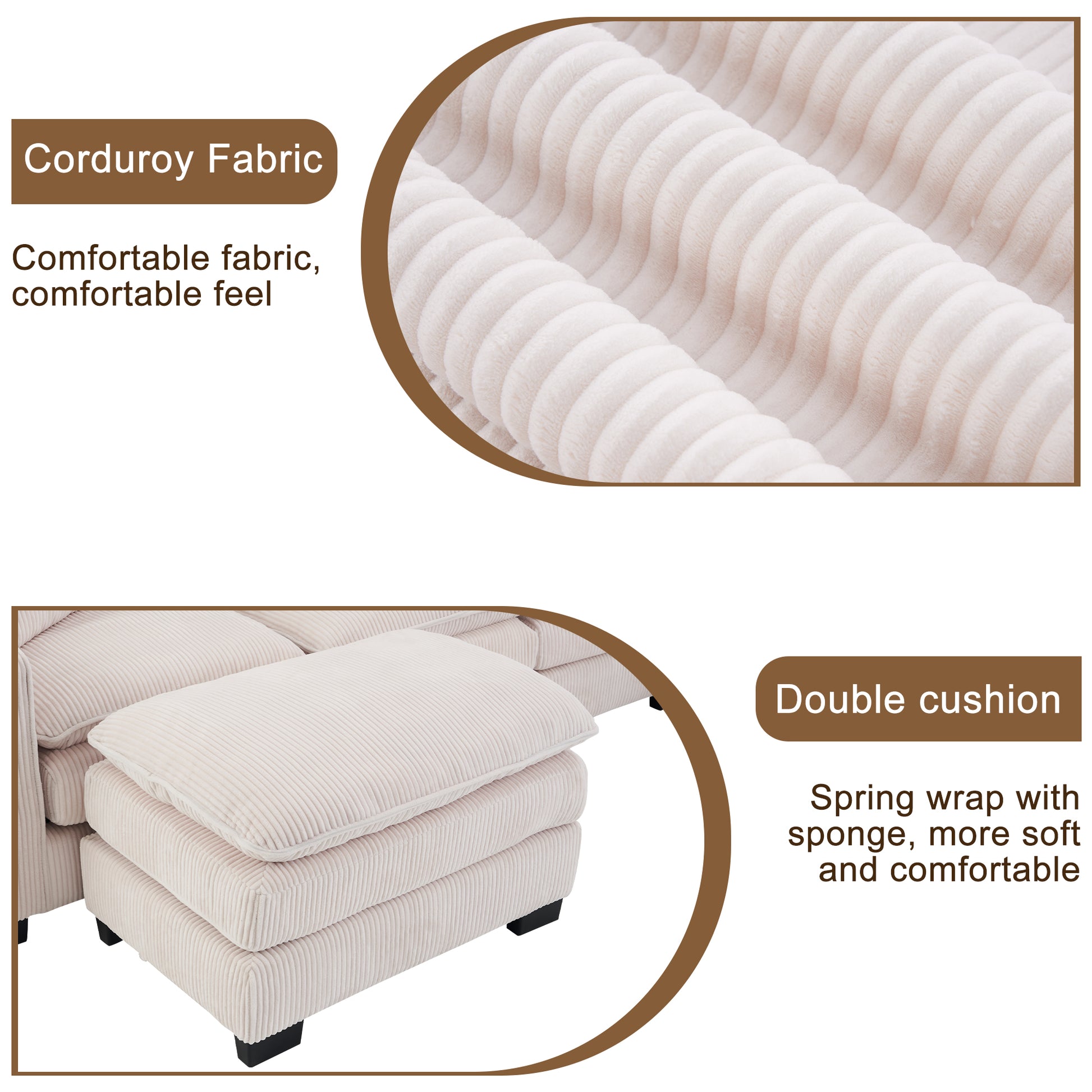 Closeup of plush beige corduroy fabric texture with raised ridges for comfortable seating