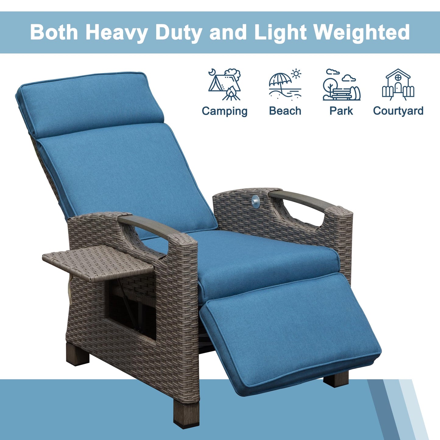 Blue wicker recliner chair with plush cushions perfect for outdoor relaxation