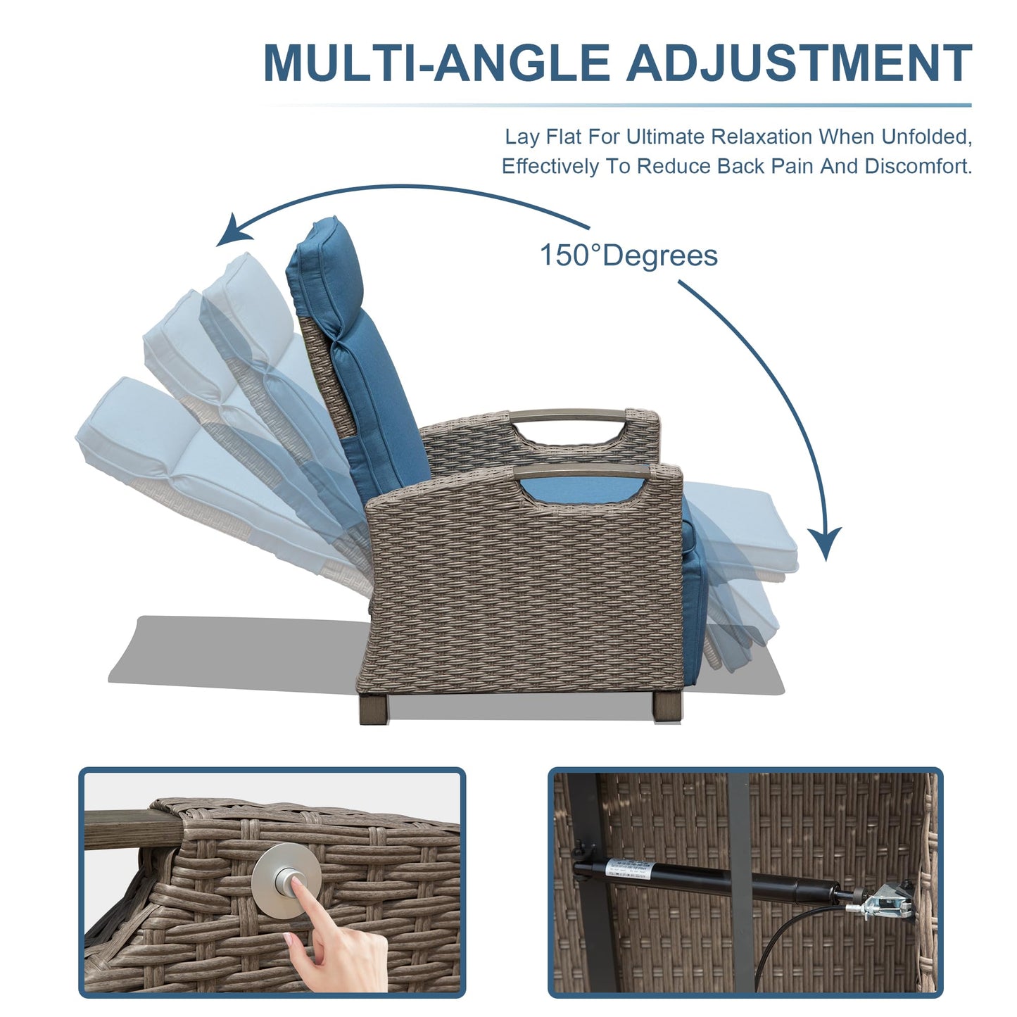 Wicker patio recliner chair with blue cushions adjustable to  degrees