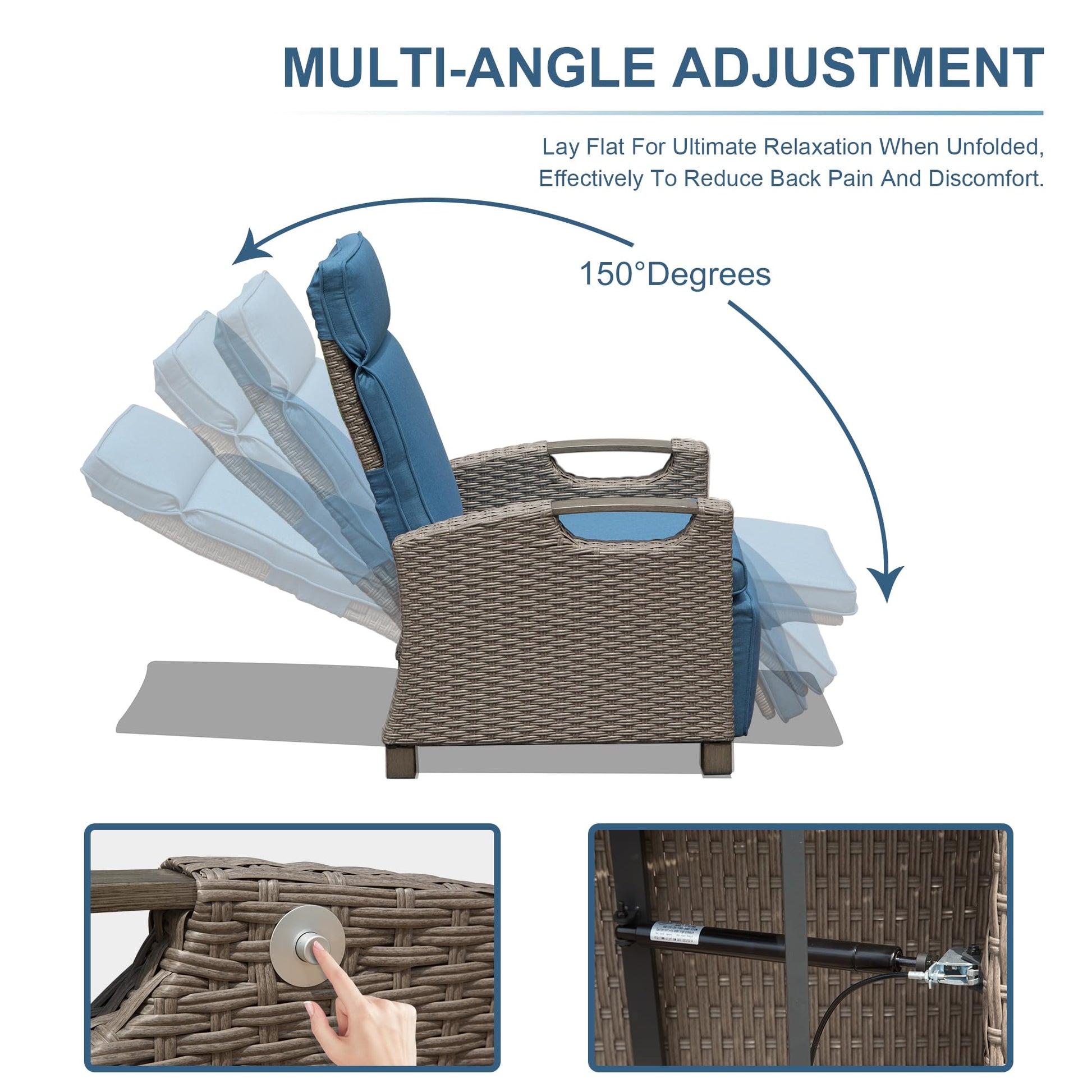 Wicker patio recliner chair with blue cushions adjustable to  degrees