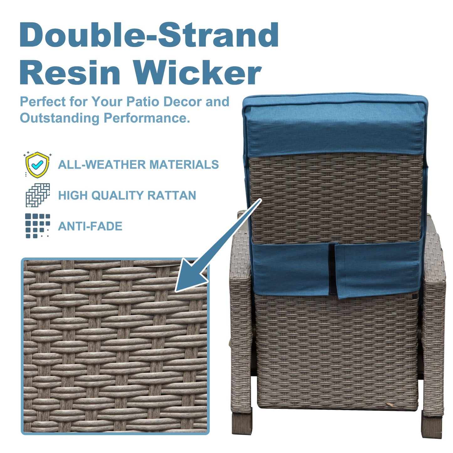 Gray doublestrand resin wicker chair with blue cushions perfect for patio decor