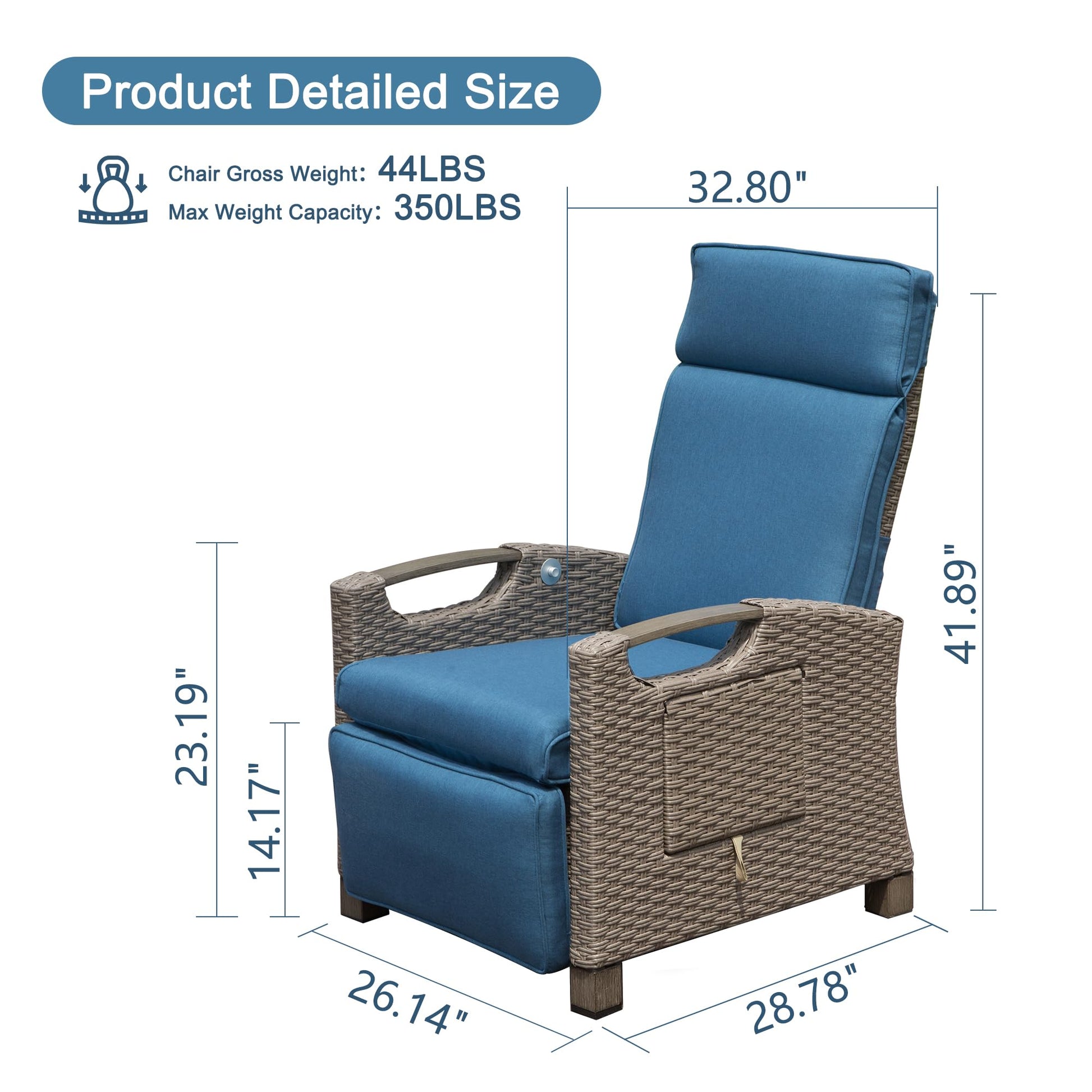 Wicker patio recliner with blue cushions dimensions  H x  W x  D