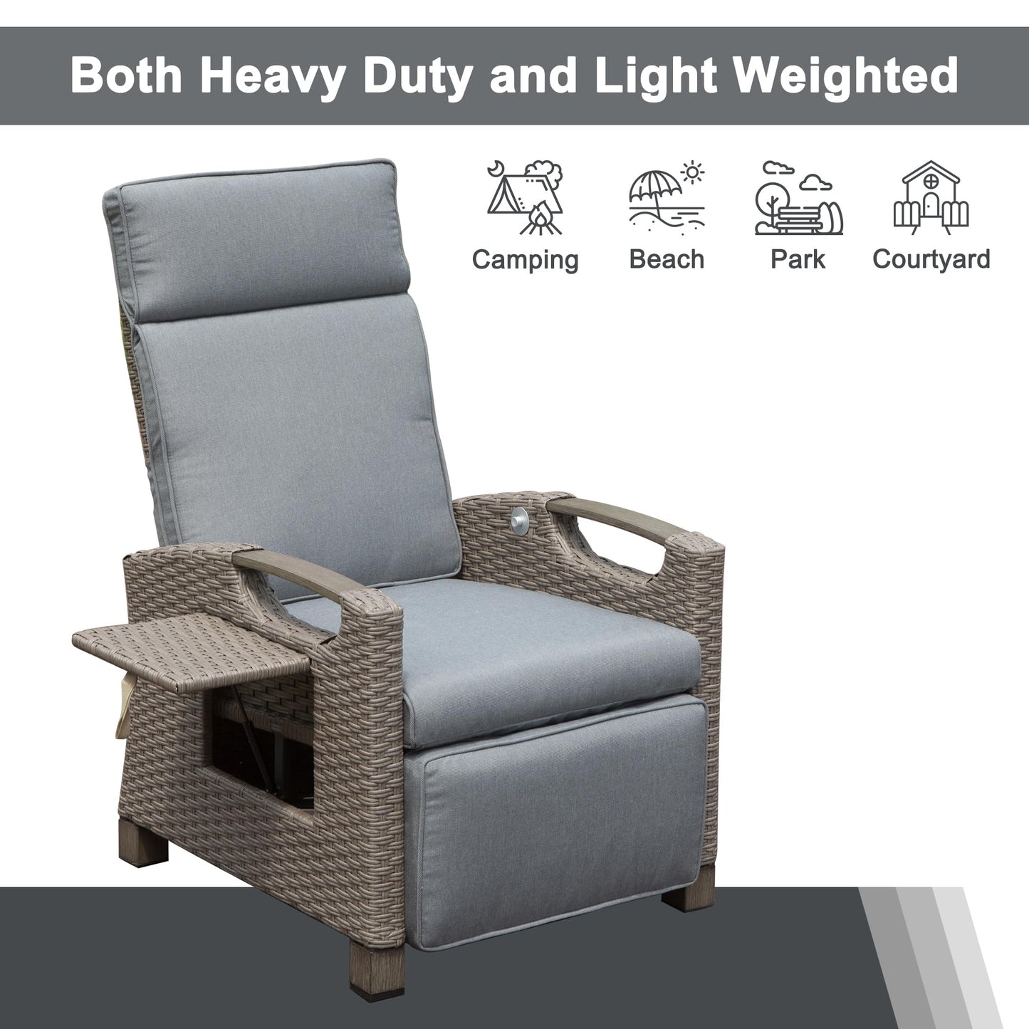 Gray wicker reclining patio chair with comfortable cushions and builtin tray