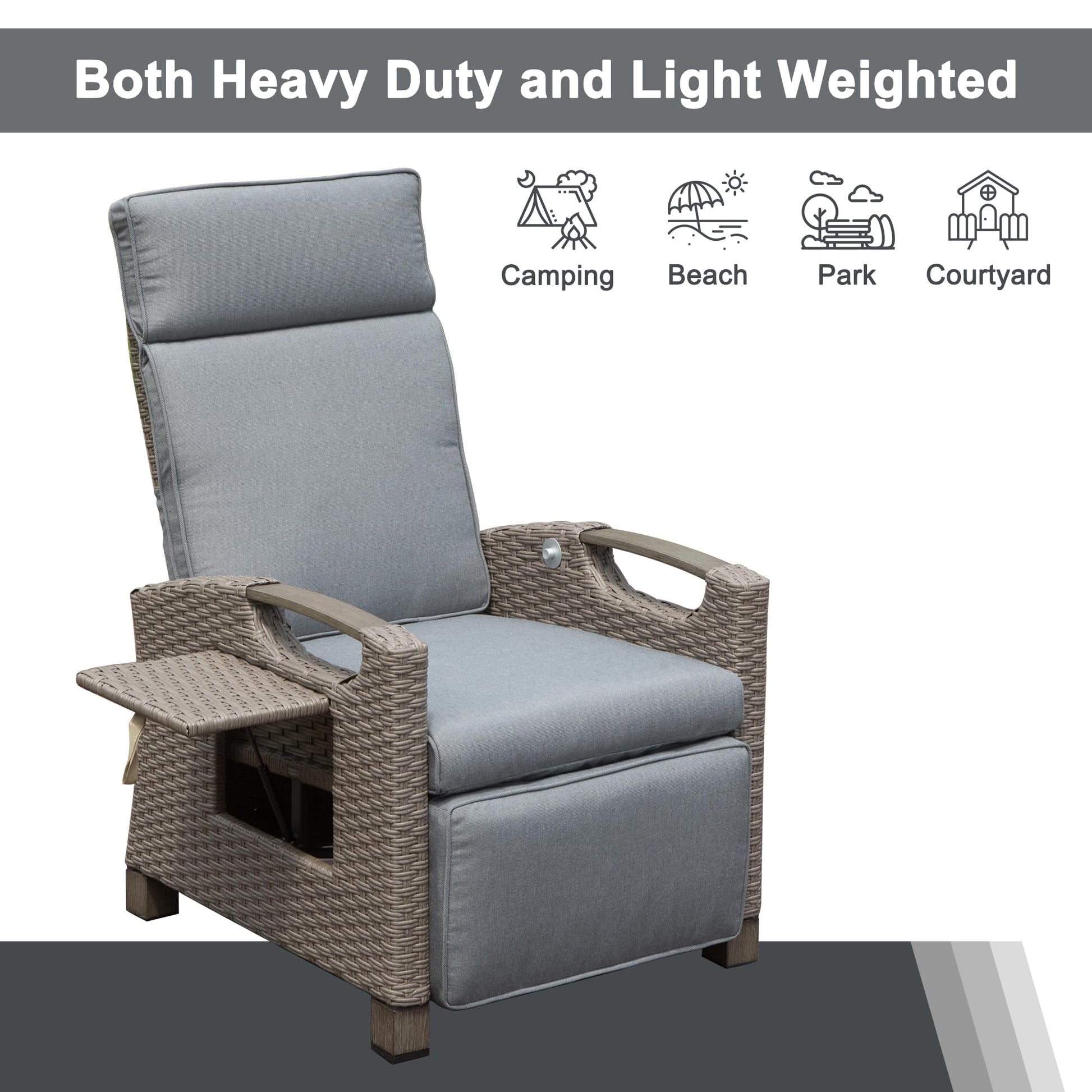 Gray wicker reclining patio chair with comfortable cushions and builtin tray