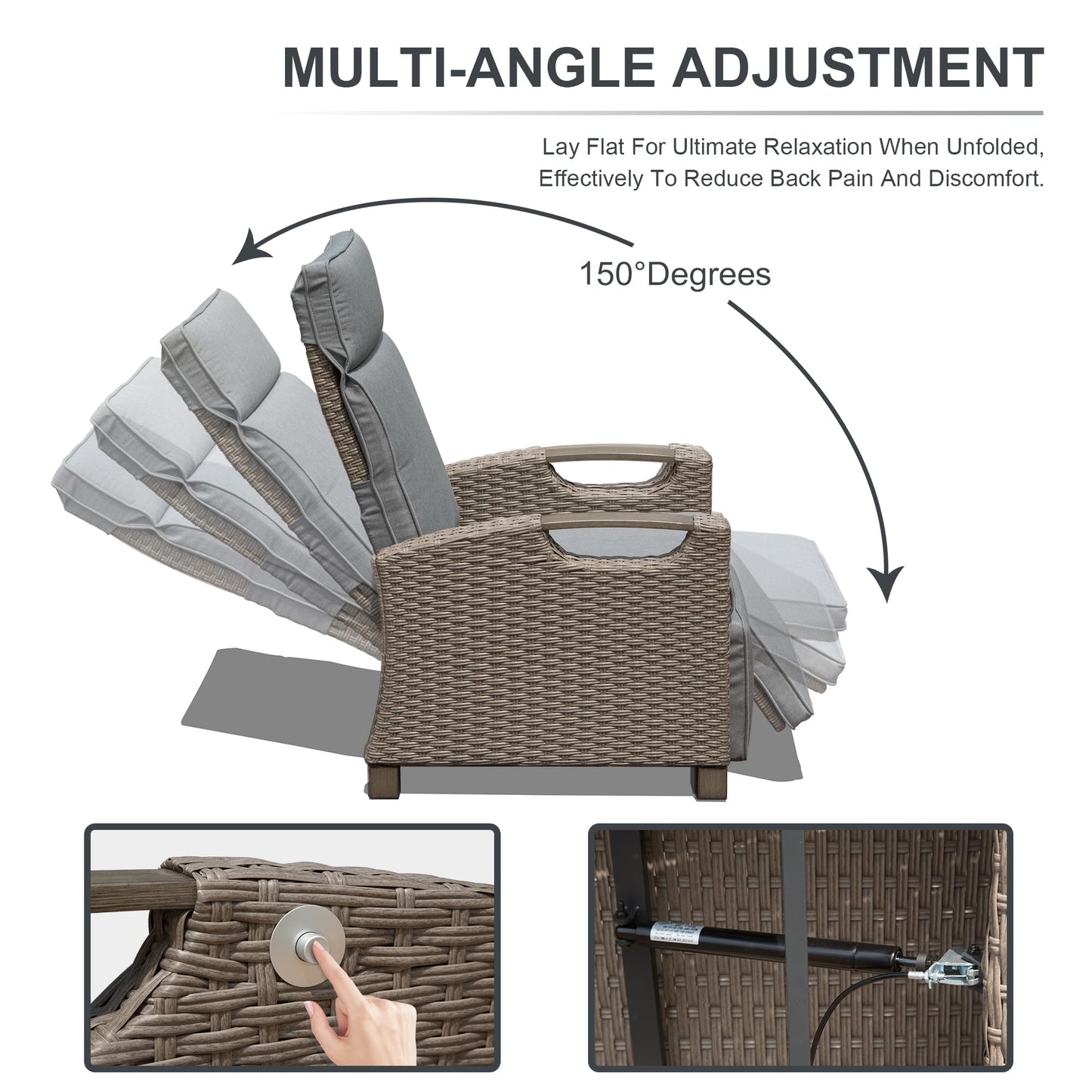Adjustable patio recliner with gray cushions and wicker frame showing multiangle settings