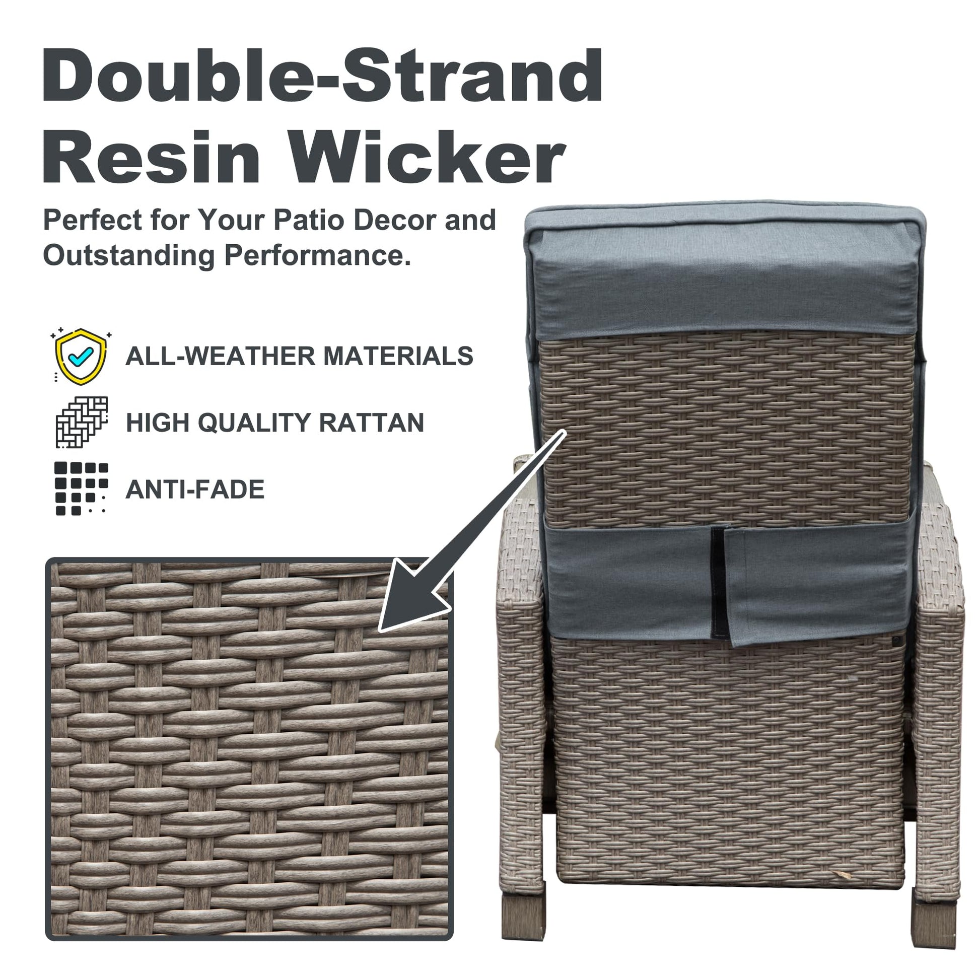 Taupe doublestrand resin wicker patio chair with grey cushion closeup weave detail