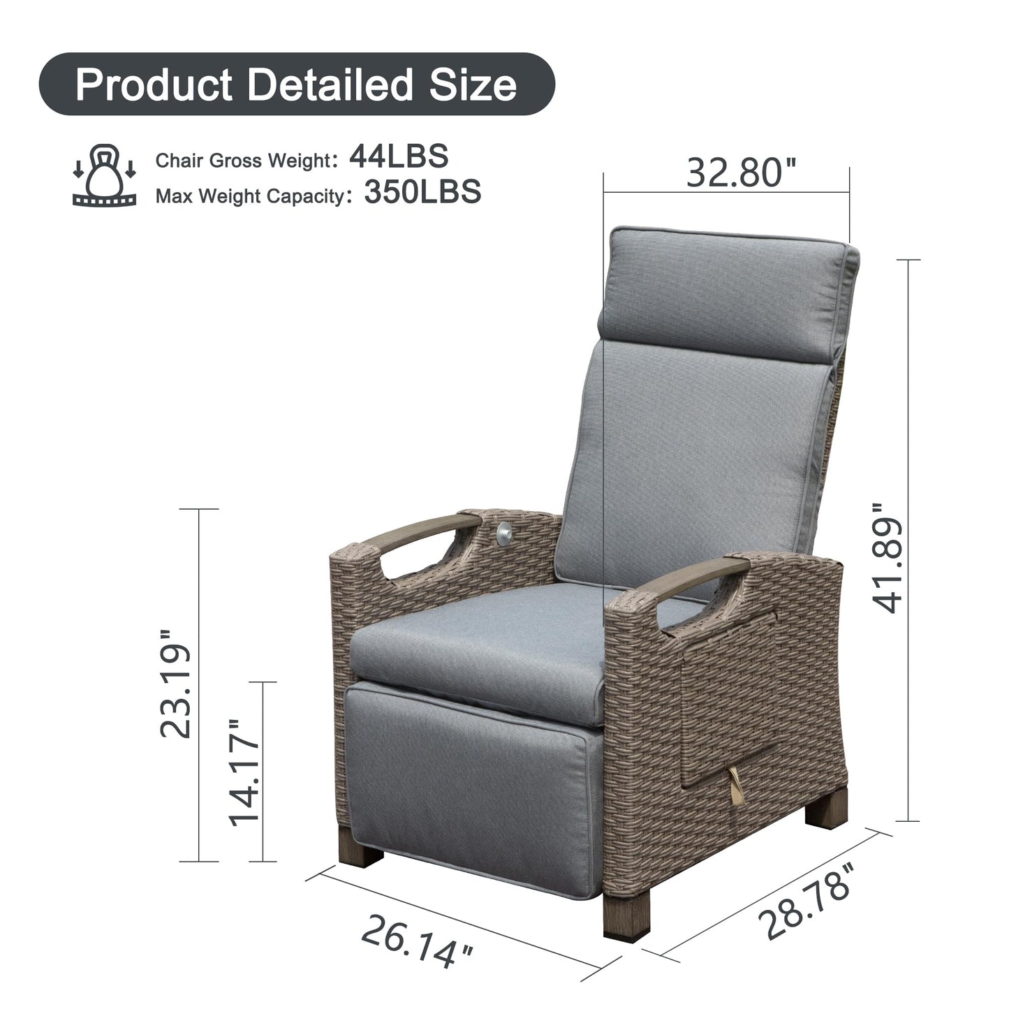 Wicker recliner chair with grey cushions showing product dimensions for size reference