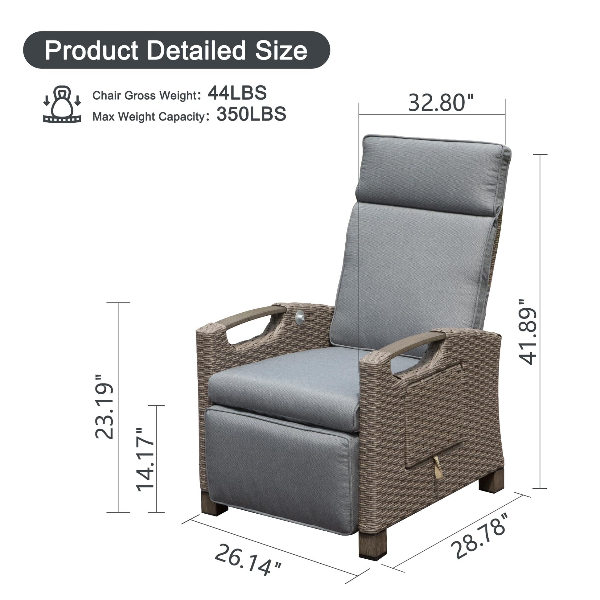 Wicker recliner chair with grey cushions showing product dimensions for size reference