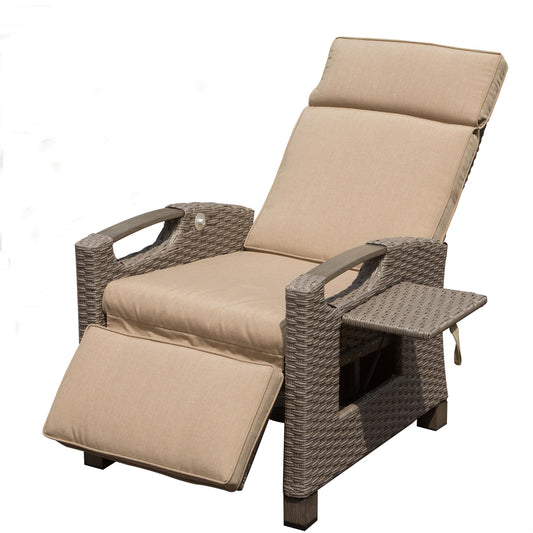 Tan outdoor recliner with wicker frame and builtin side table