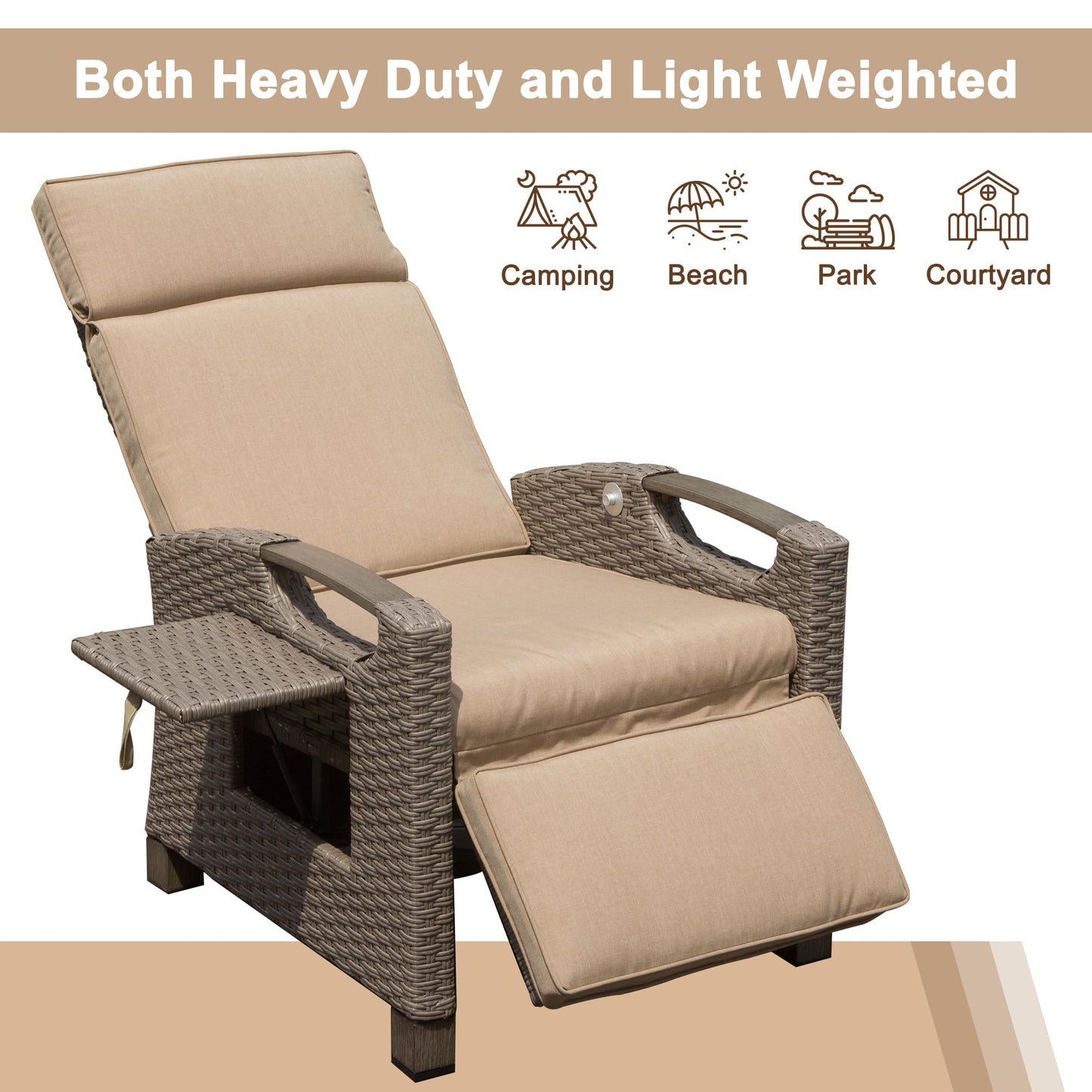 Tan wicker recliner chair with adjustable footrest and side tray for outdoor relaxation