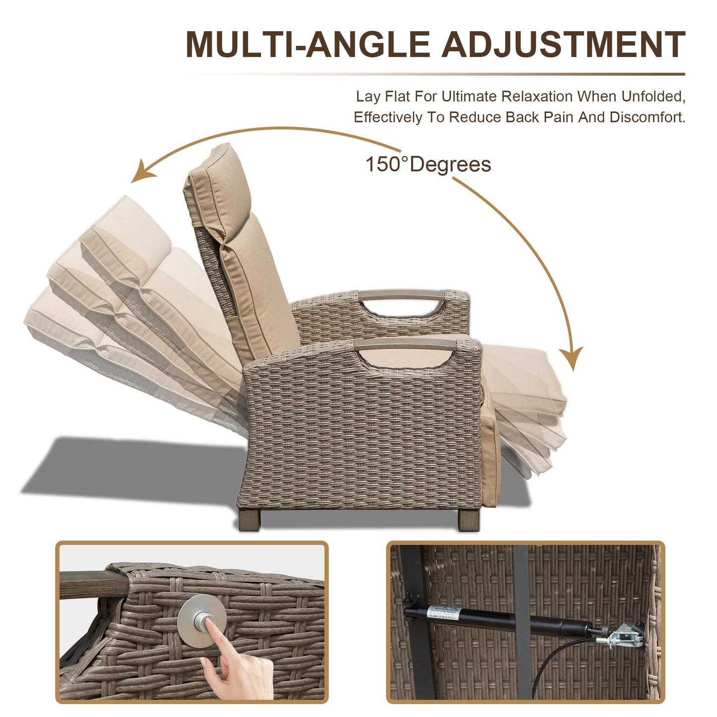 Tan rattan recliner chair with multiangle adjustment and plush cushions