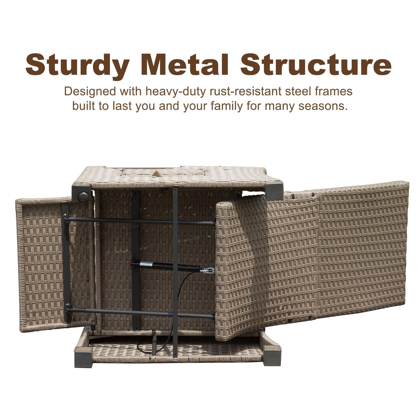 Brown wicker outdoor storage box with silver metal accents and open doors