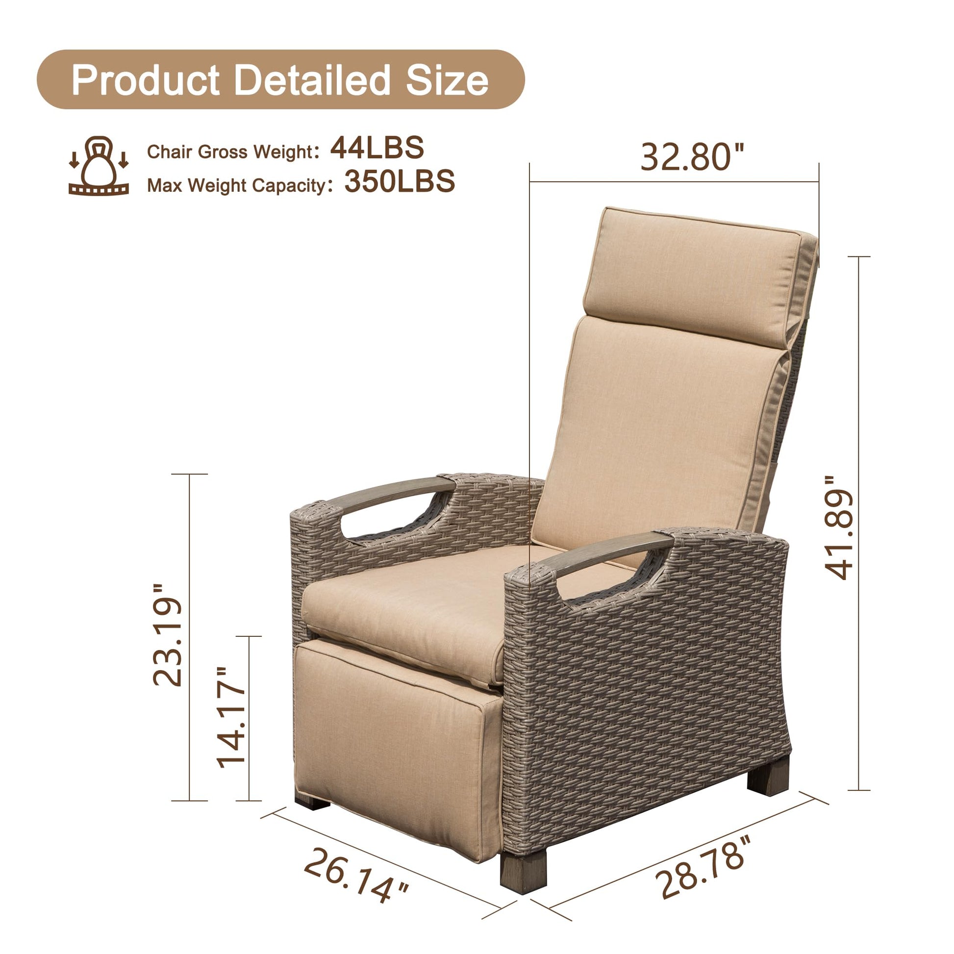 Beige wicker recliner chair with plush cushions and wooden armrests Ideal for patio relaxation