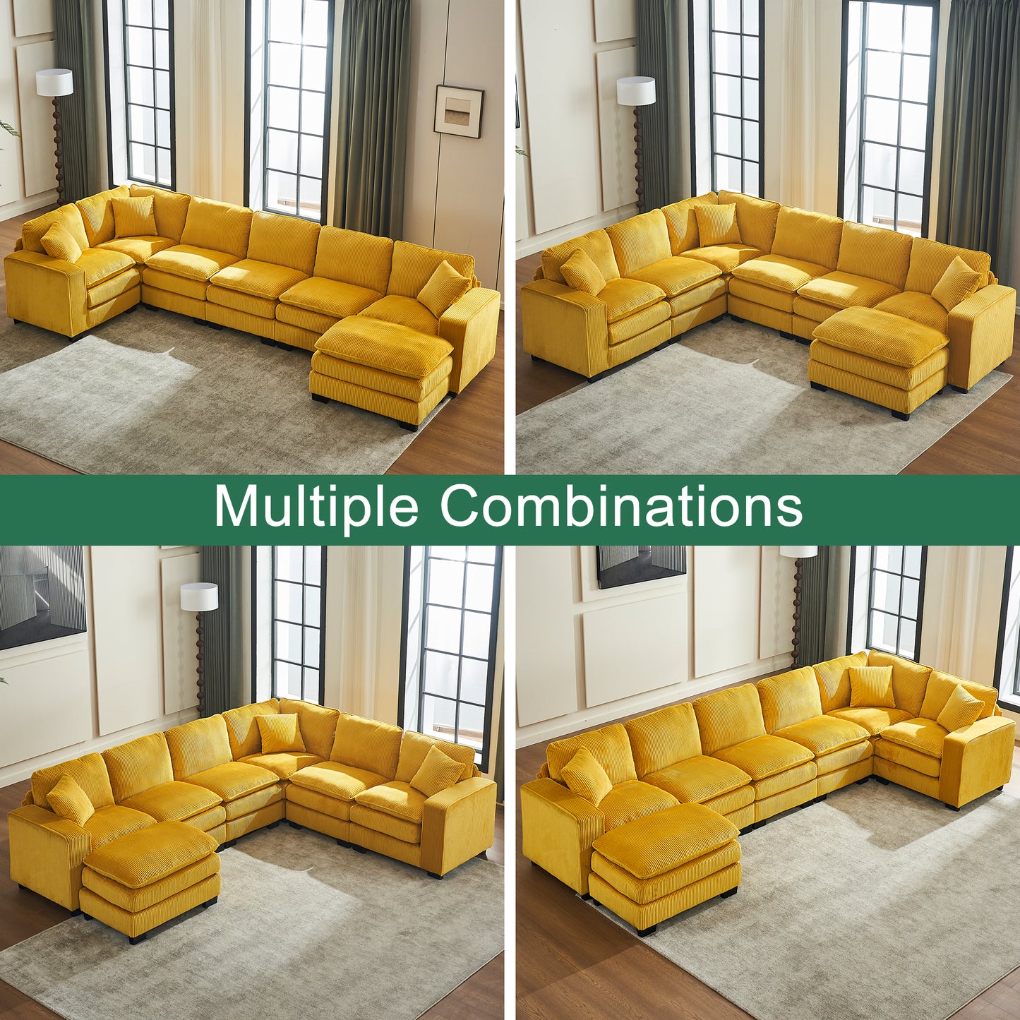 Yellow corduroy sectional sofa with multiple configurations and ottoman for living room comfort