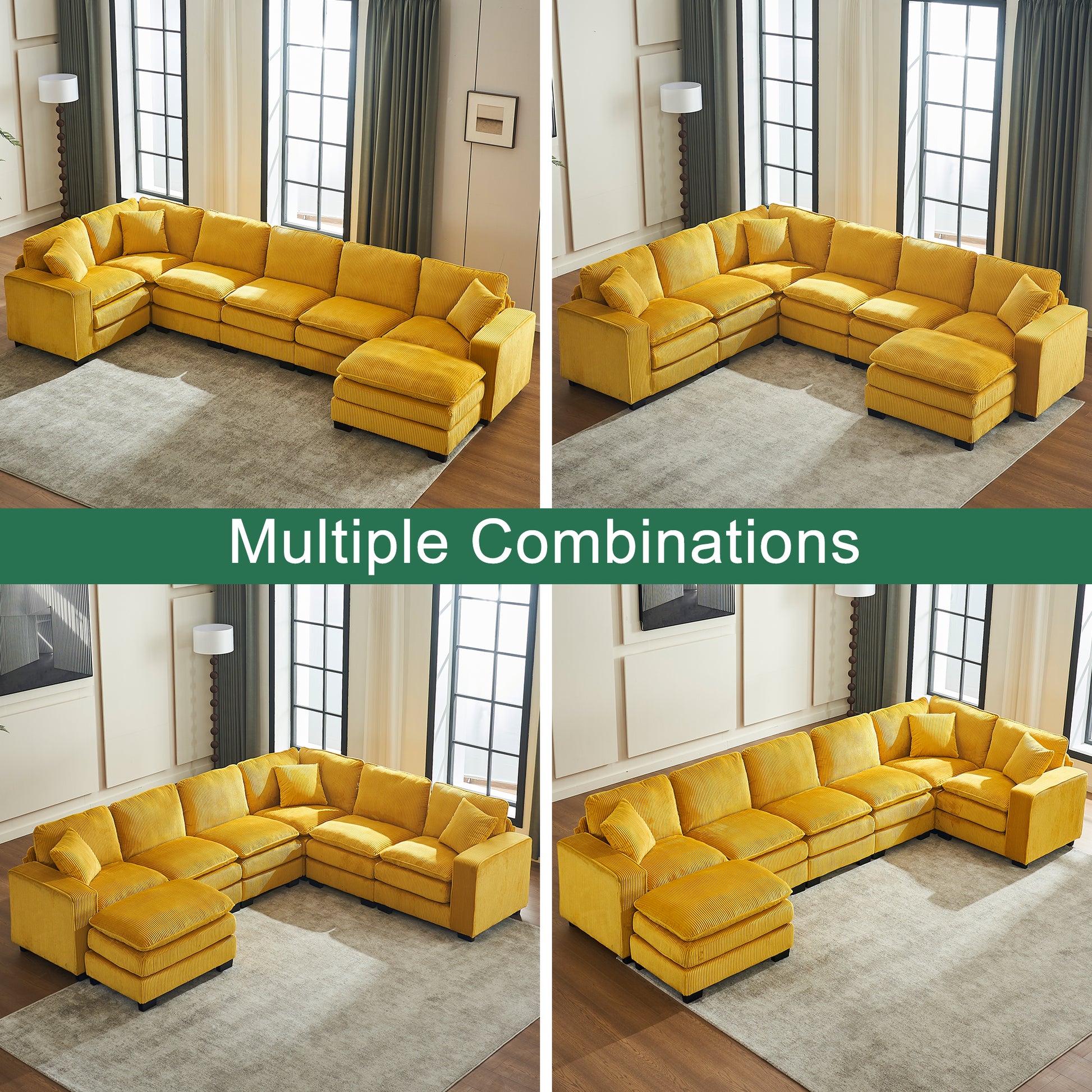 Yellow corduroy sectional sofa with multiple configurations and ottoman for living room comfort