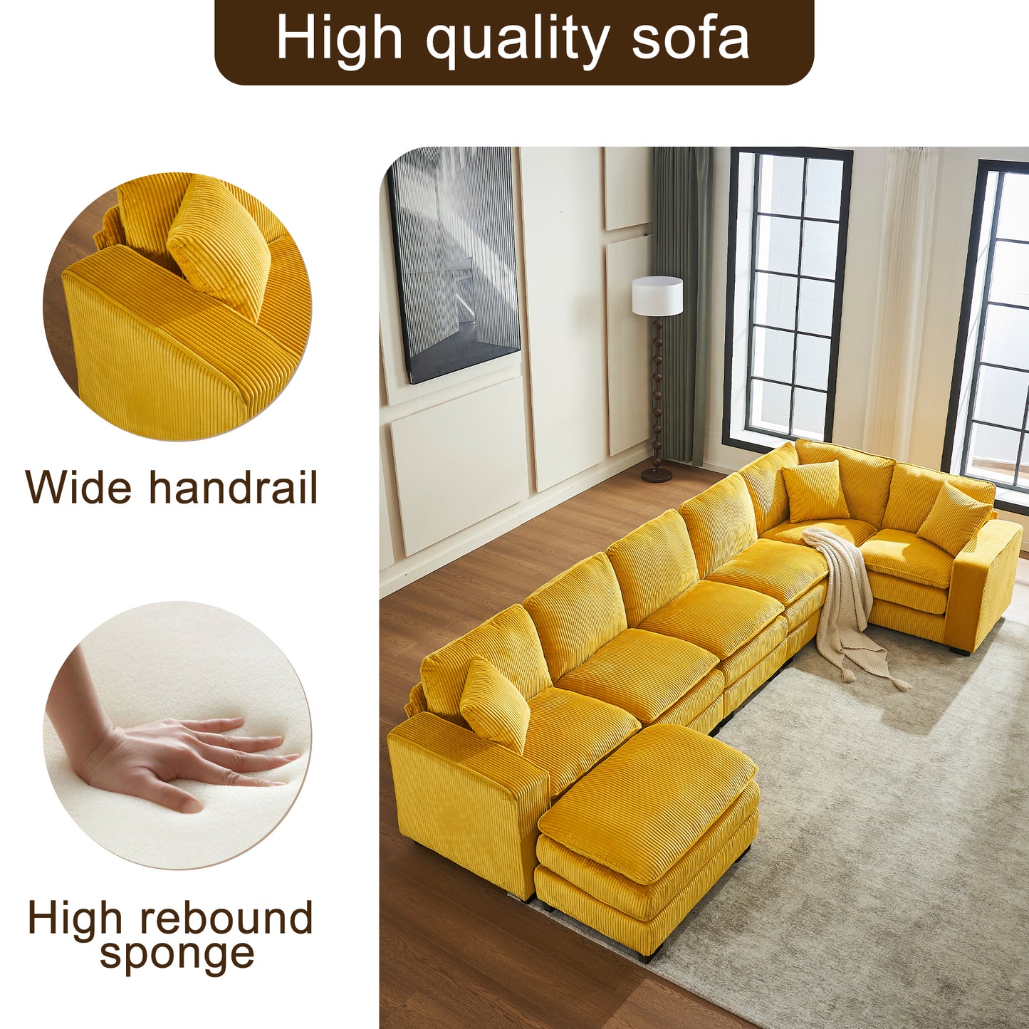 Yellow corduroy sectional sofa with wide armrests and plush cushions