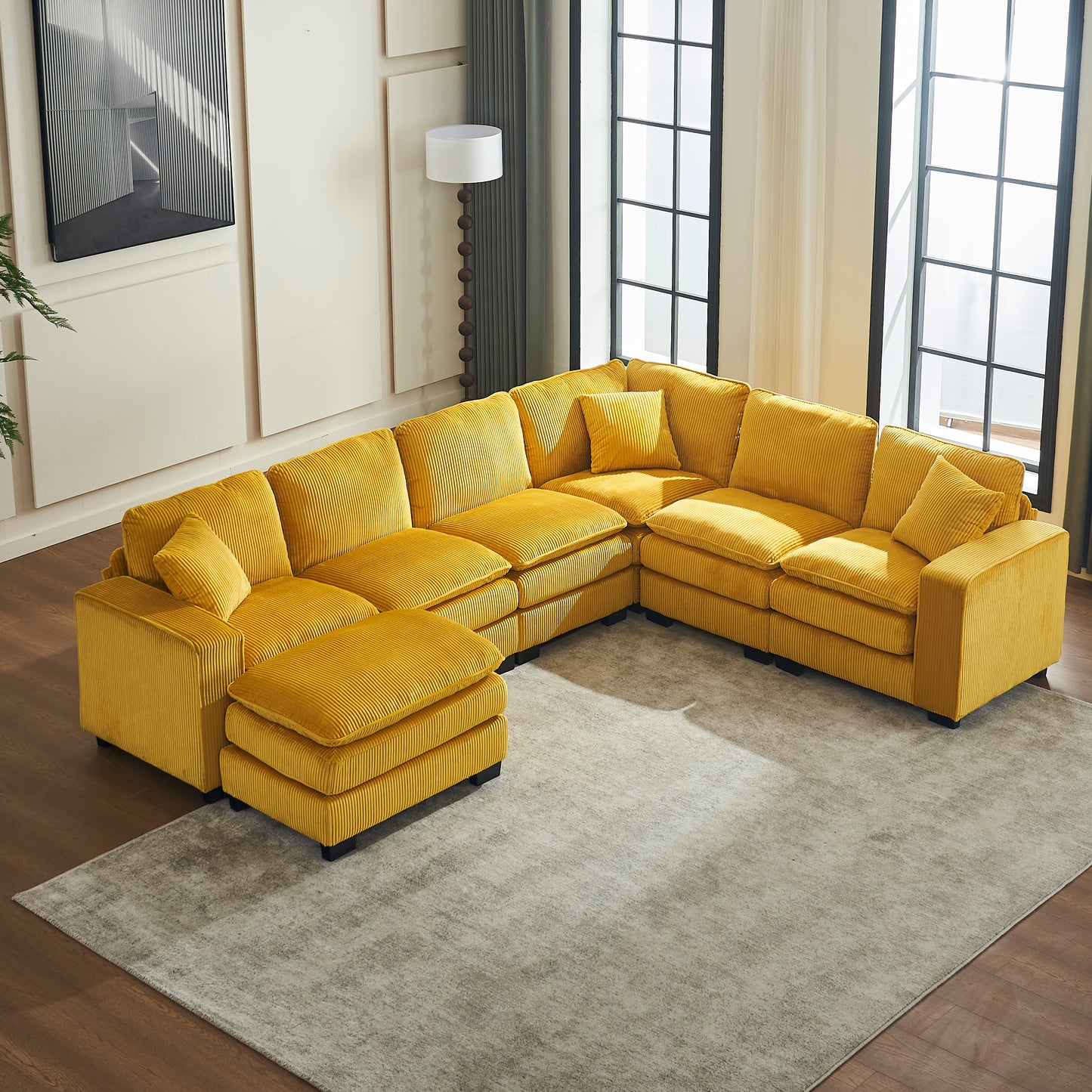 Yellow corduroy sectional sofa with ottoman plush and comfortable living room furniture