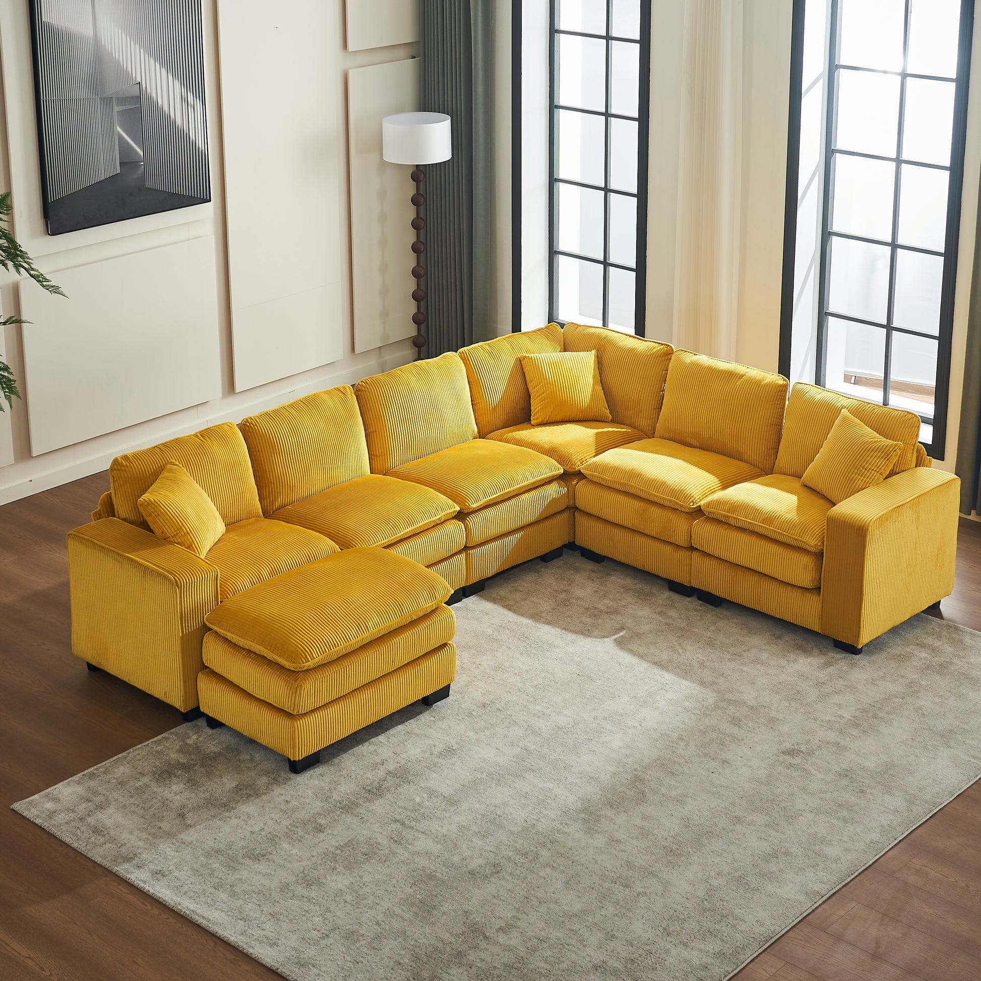 Yellow corduroy sectional sofa with ottoman plush and comfortable living room furniture
