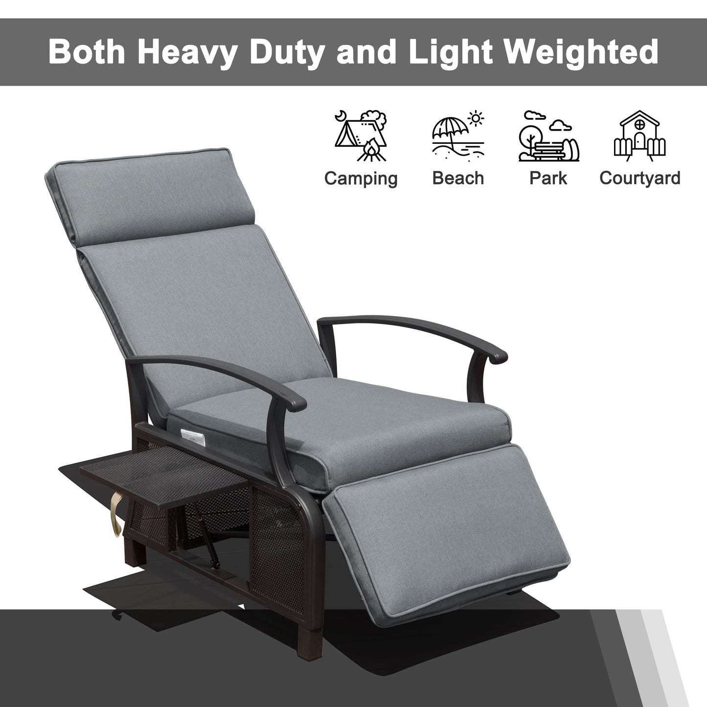 Gray upholstered reclining lounge chair with metal frame and side tray