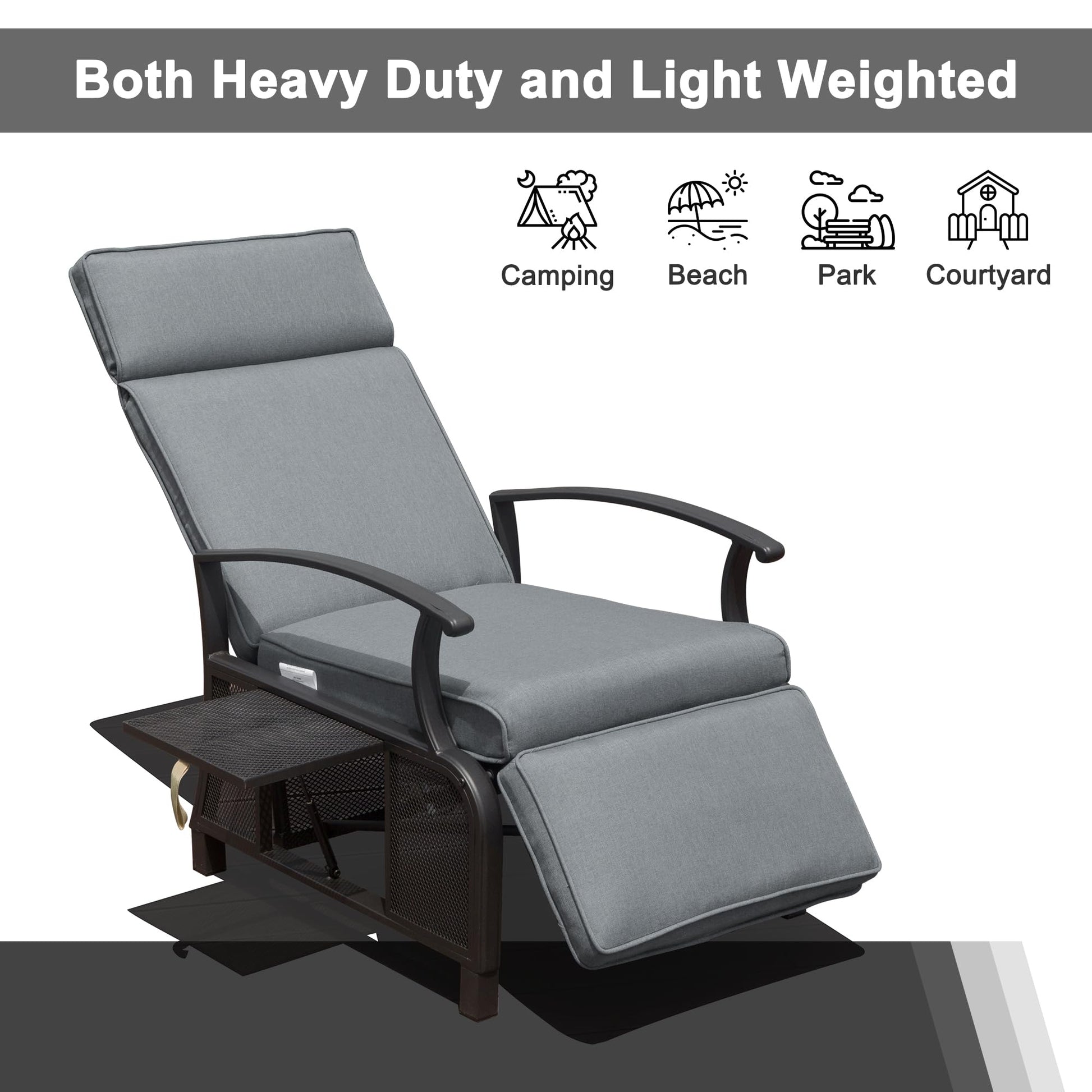 Gray upholstered reclining lounge chair with metal frame and side tray