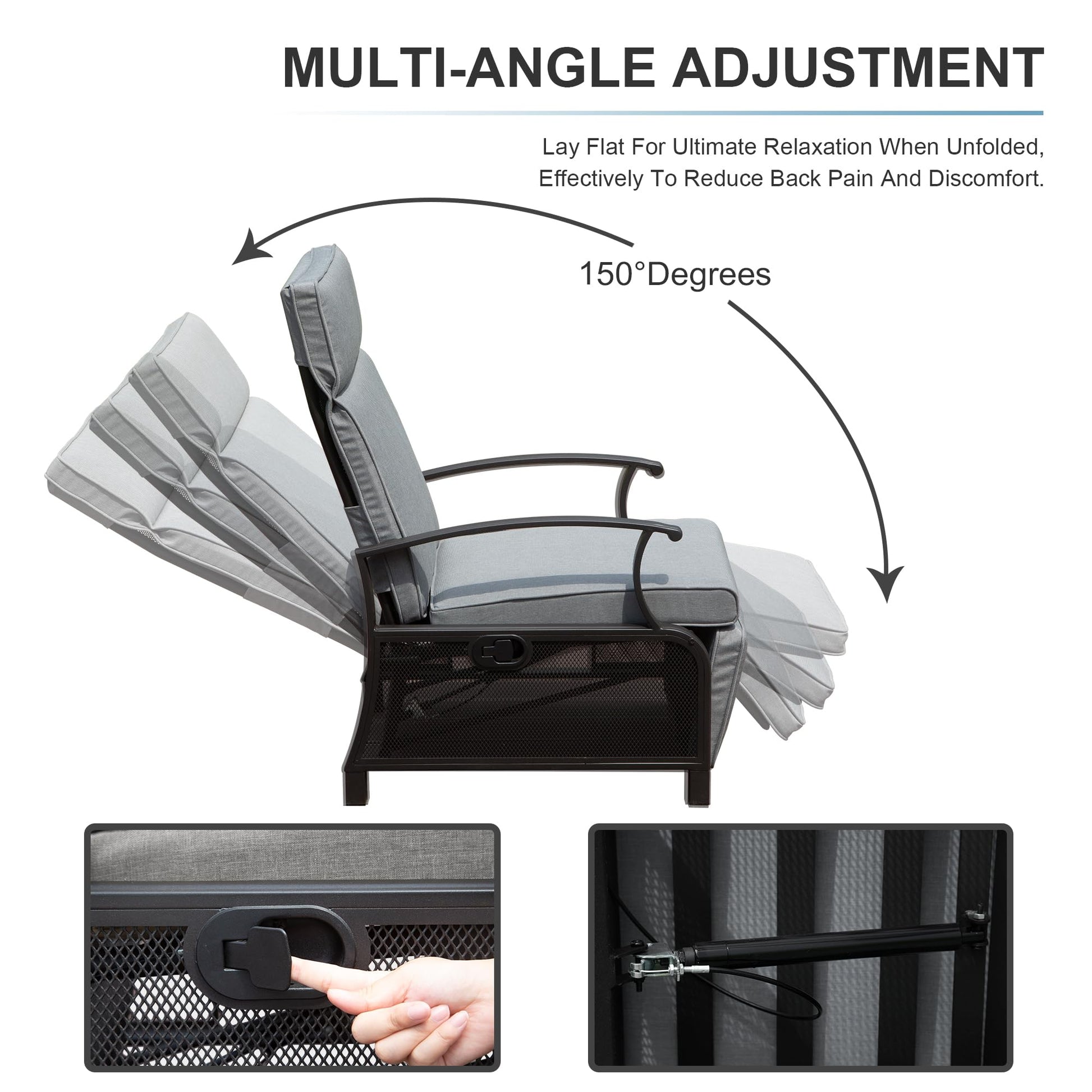 Gray upholstered patio chair with multiangle adjustment mechanism