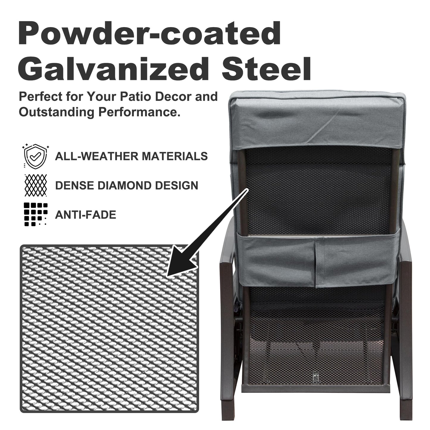 Closeup of powdercoated galvanized steel mesh with dense diamond design for patio furniture