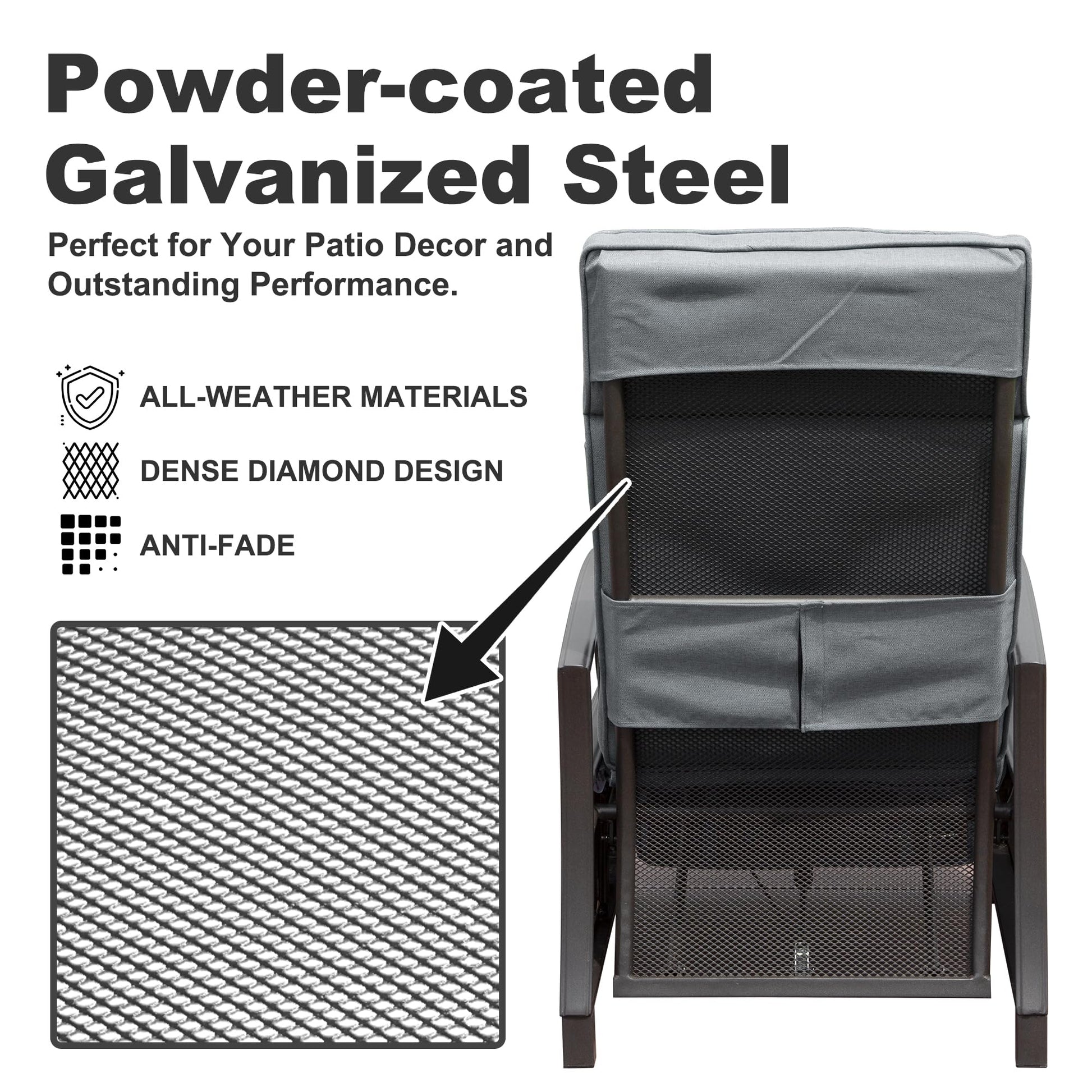 Closeup of powdercoated galvanized steel mesh with dense diamond design for patio furniture