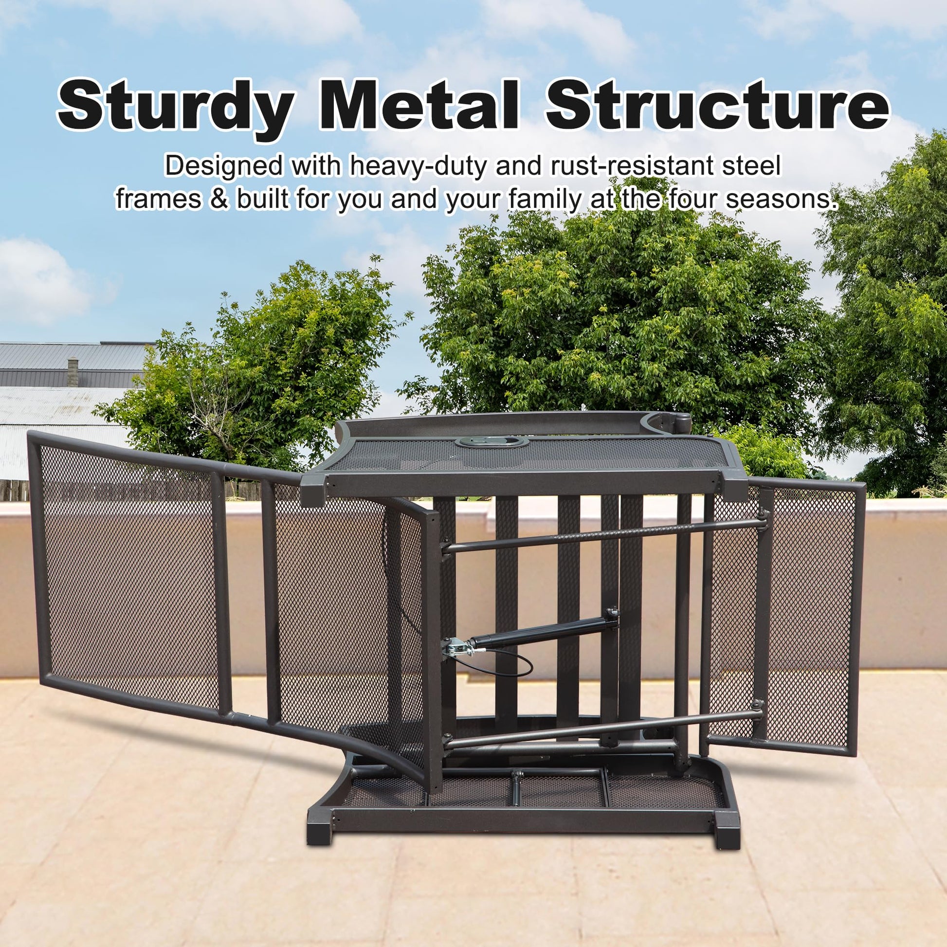 Dark metal outdoor fireplace with mesh screens and sturdy steel frame