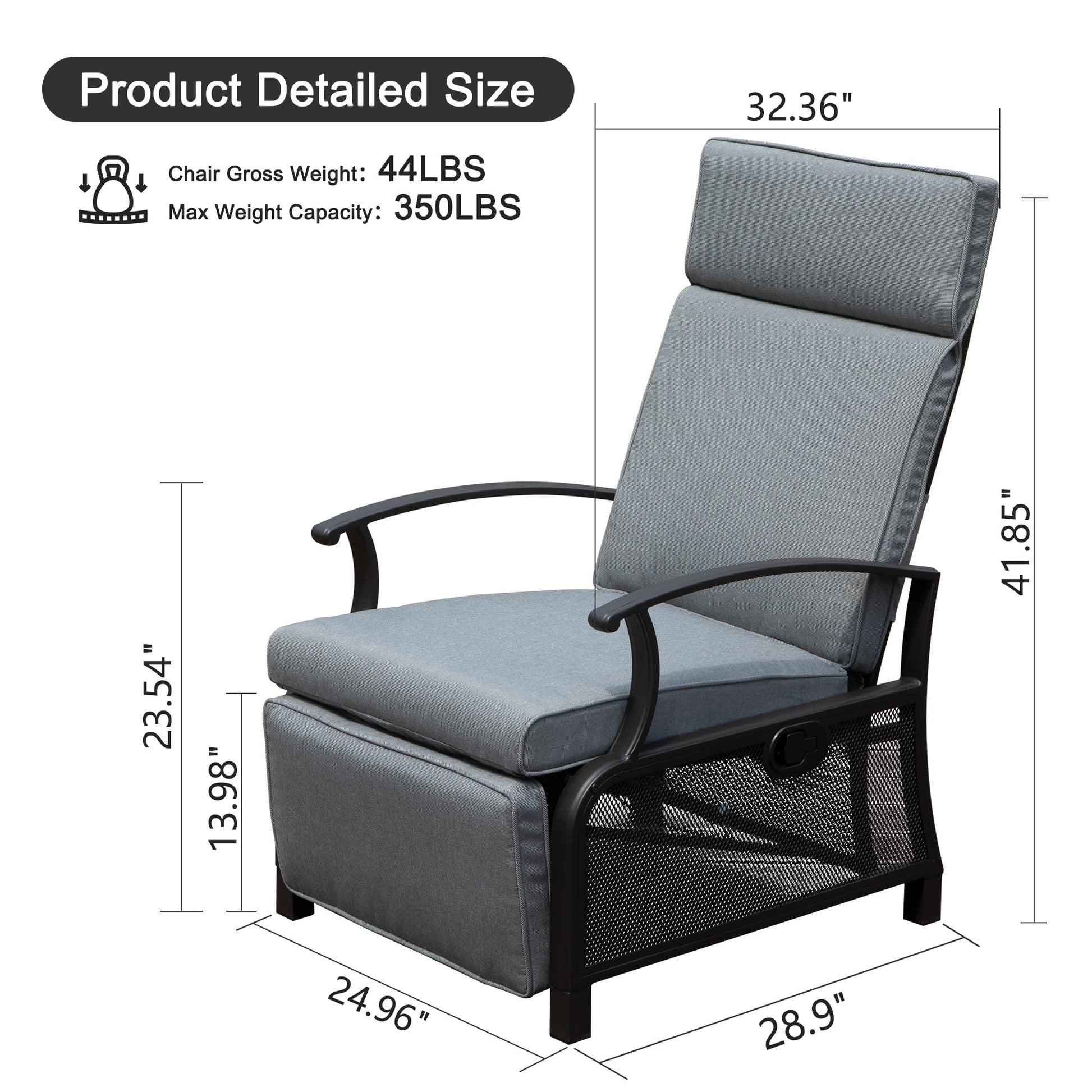 Gray upholstered outdoor recliner chair with black metal frame and mesh accents