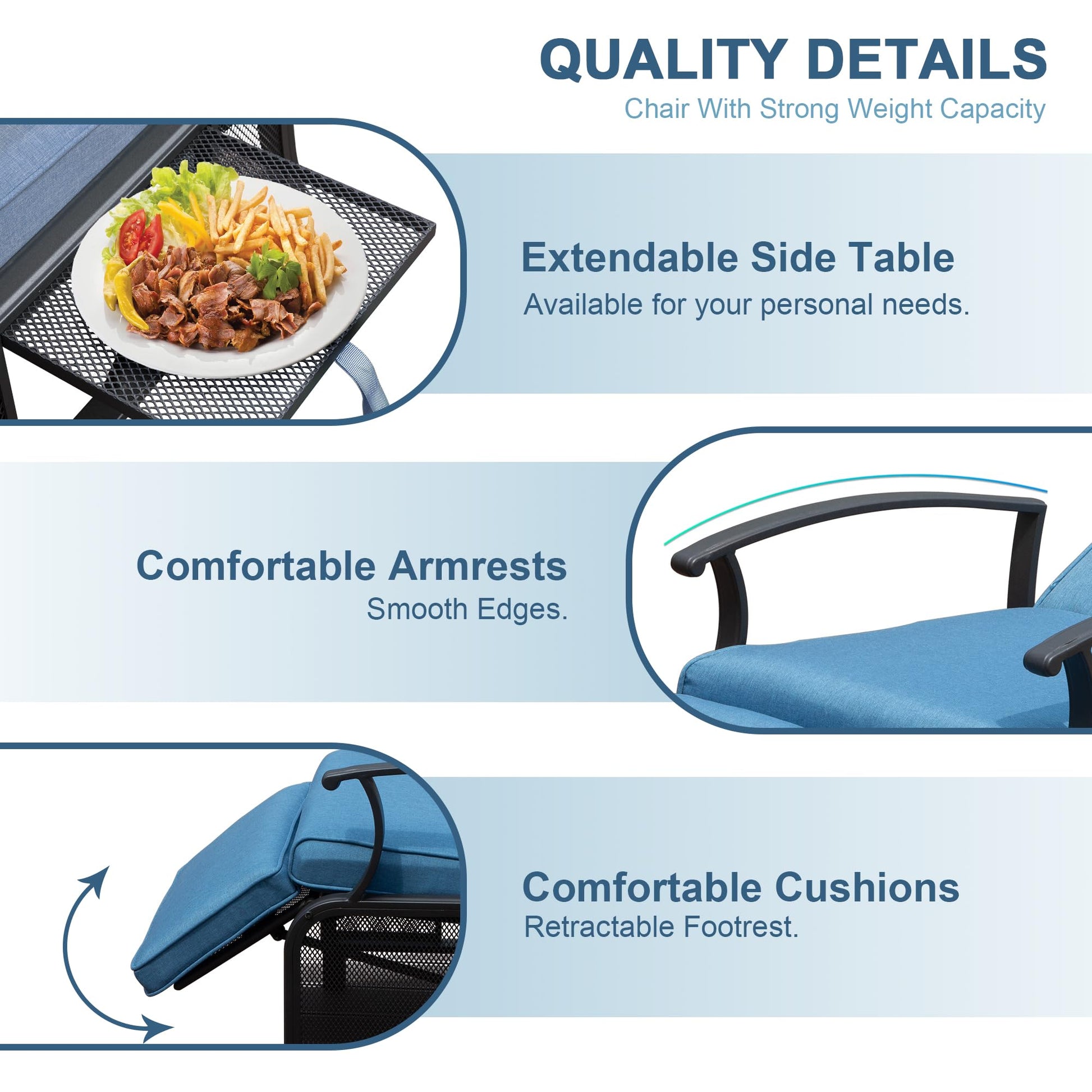 Blue patio chair with extendable side table for meals