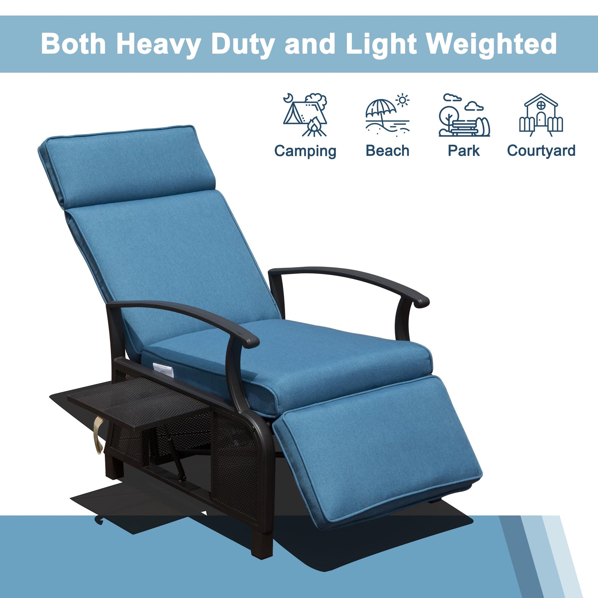 Blue cushioned recliner chair with a side tray perfect for outdoor relaxation