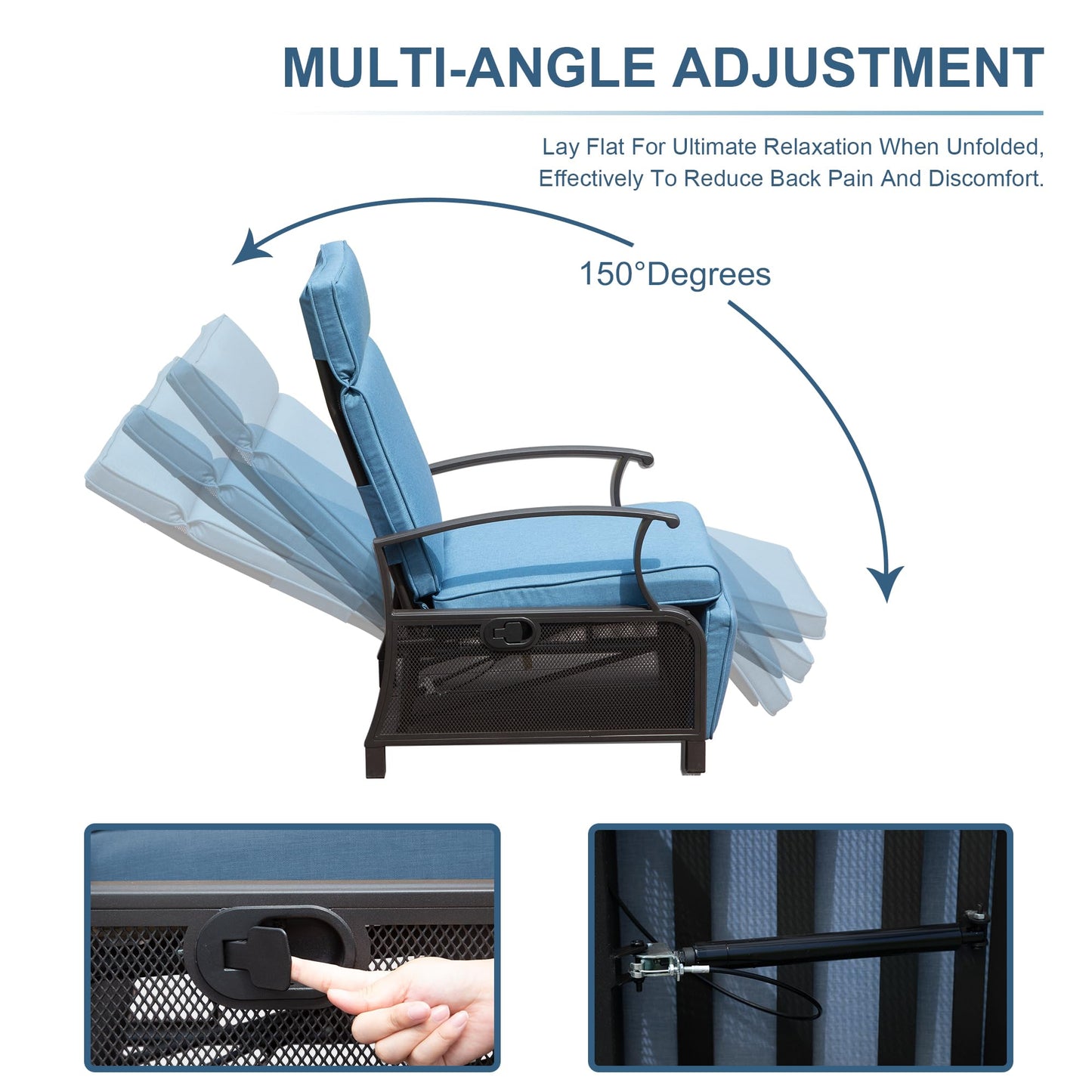 Blue padded lounge chair with adjustable recline mechanism  degrees