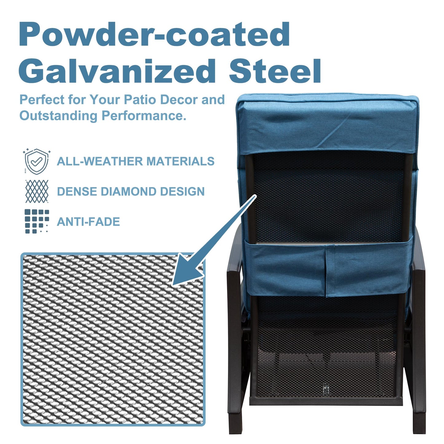Blue upholstered patio chair with powdercoated galvanized steel frame and mesh seat