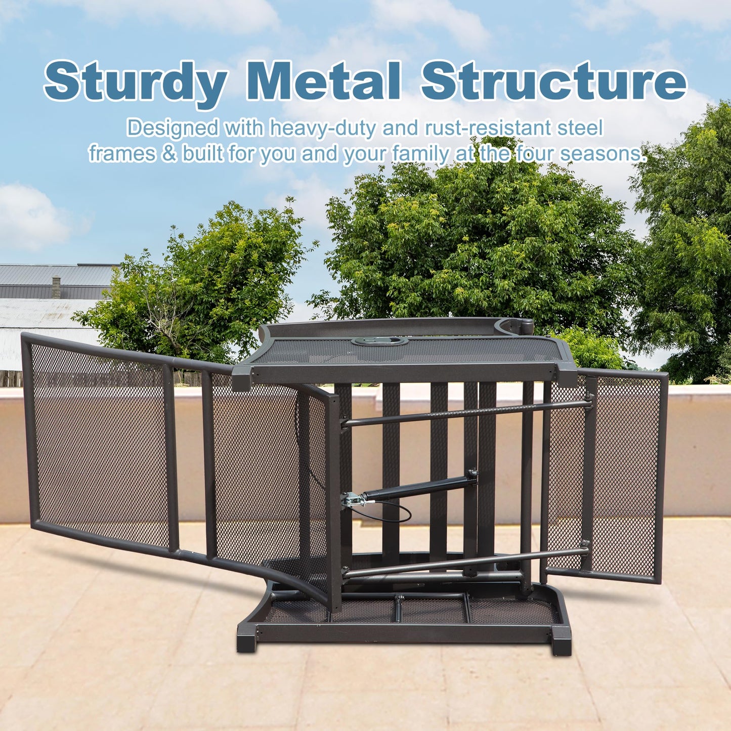 Dark gray metal outdoor fire pit with mesh sides and sturdy base