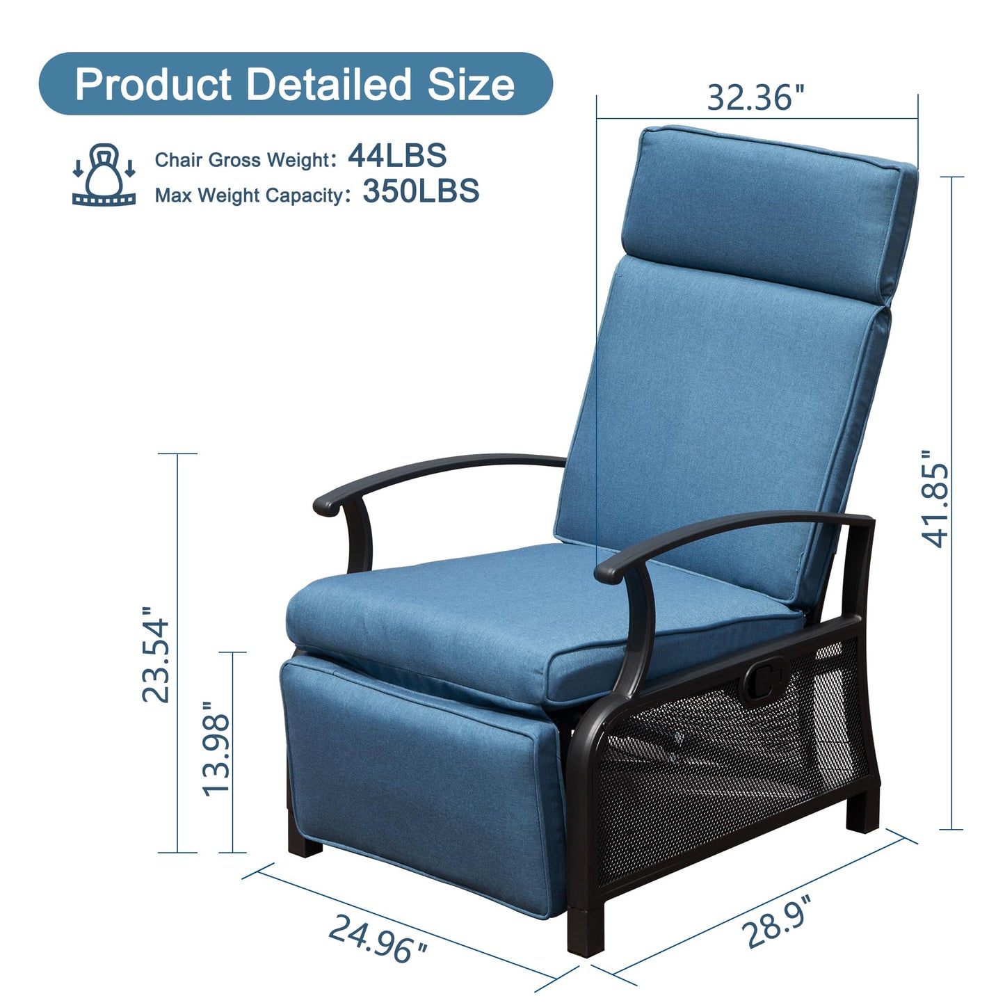 Blue padded recliner chair with black metal frame and detailed dimensions
