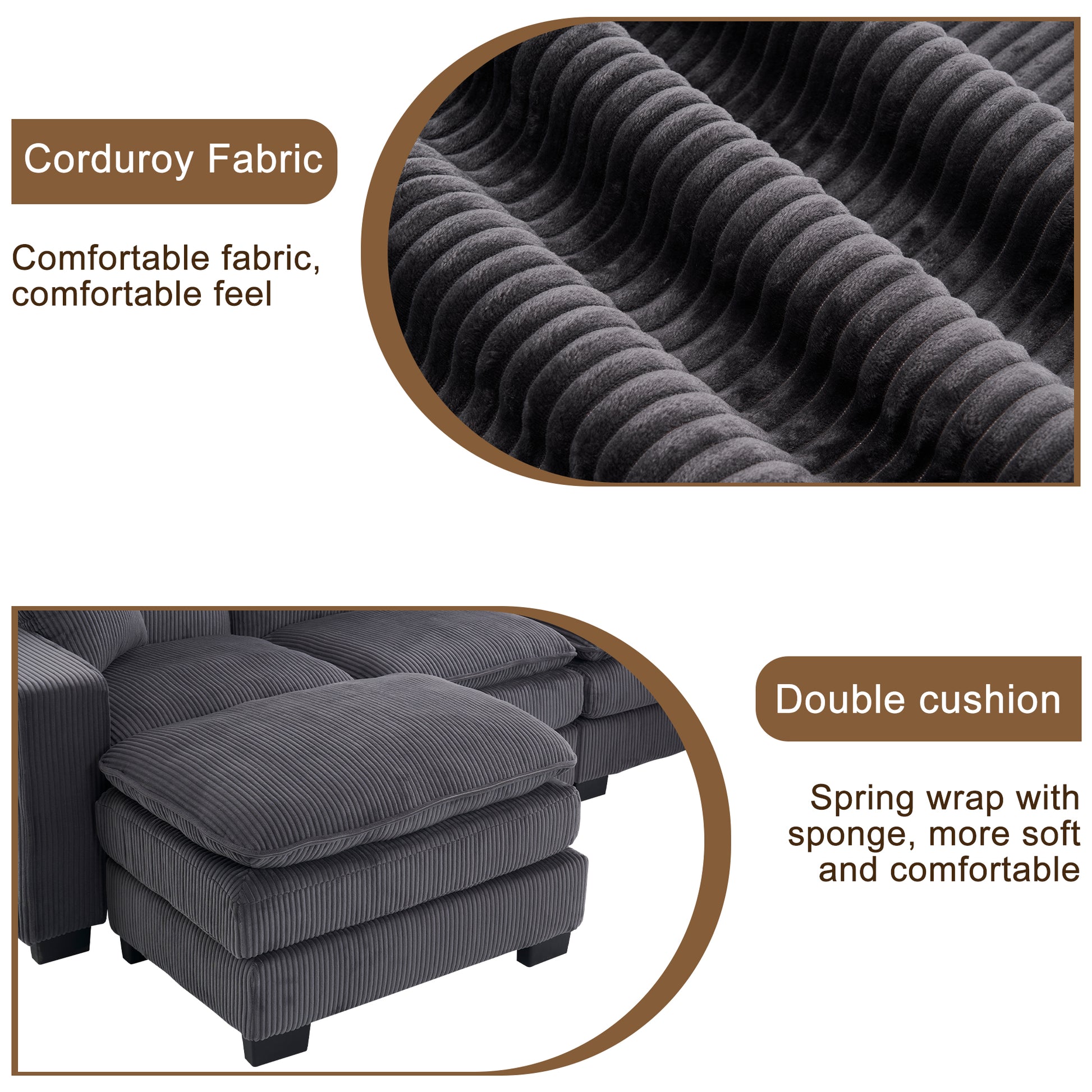 Dark gray corduroy fabric texture with plush vertical ridges for sofa upholstery