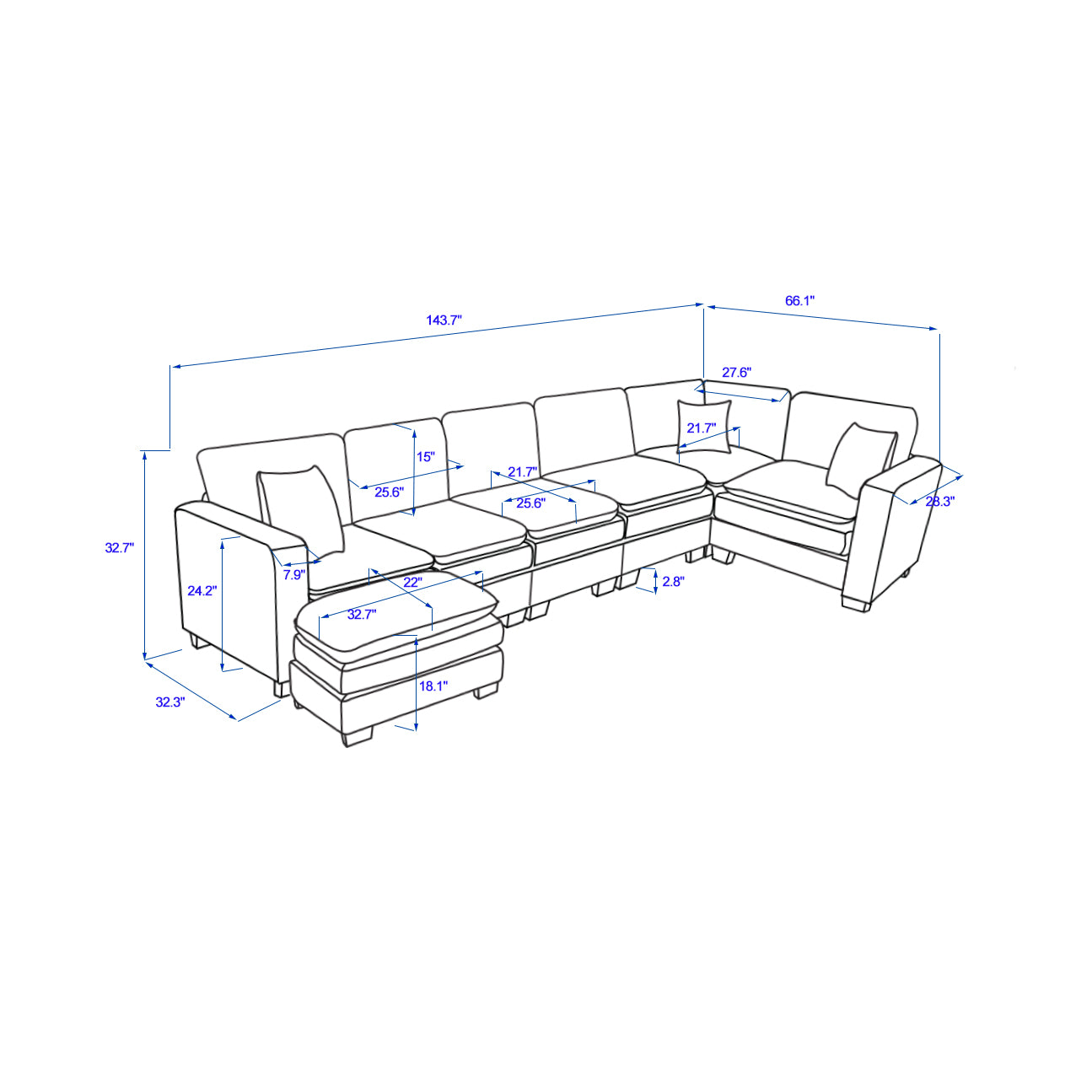 Diagram of a Ushaped sectional sofa with chaise featuring plush cushions and modern design