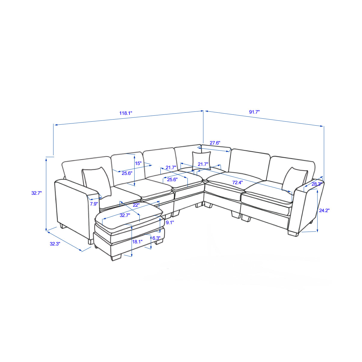 Blueprint diagram of a large Lshaped sectional sofa with ottoman and detailed measurements